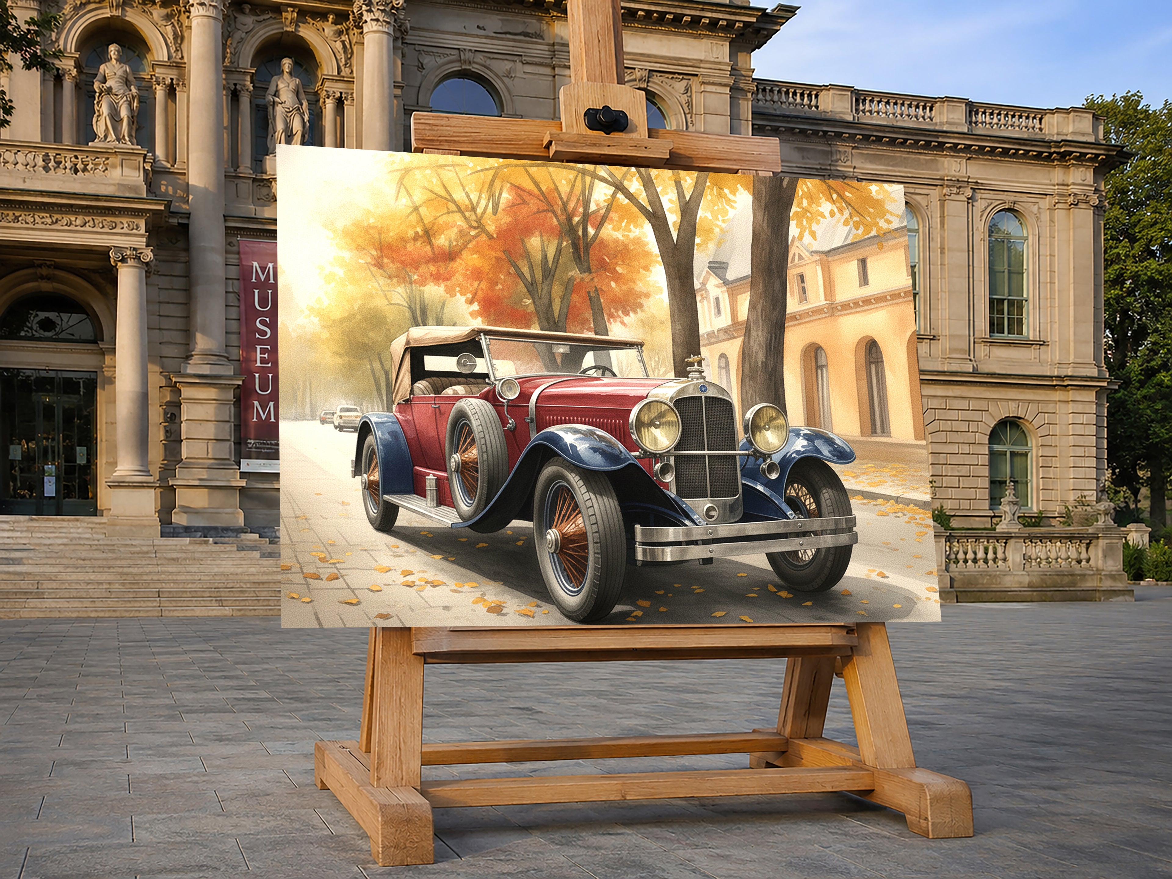 Wandbild Oldtimer Roter Cabriolet Zweifarbig Aquarell Herbstallee Kunstdruck auf Leinwand