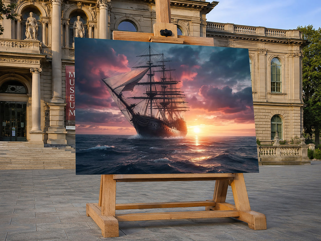 Wandbild Segelschiff Antik Vollschiff Sonnenuntergang Gegenlicht Dramatische Wolken Kunstdruck auf Leinwand