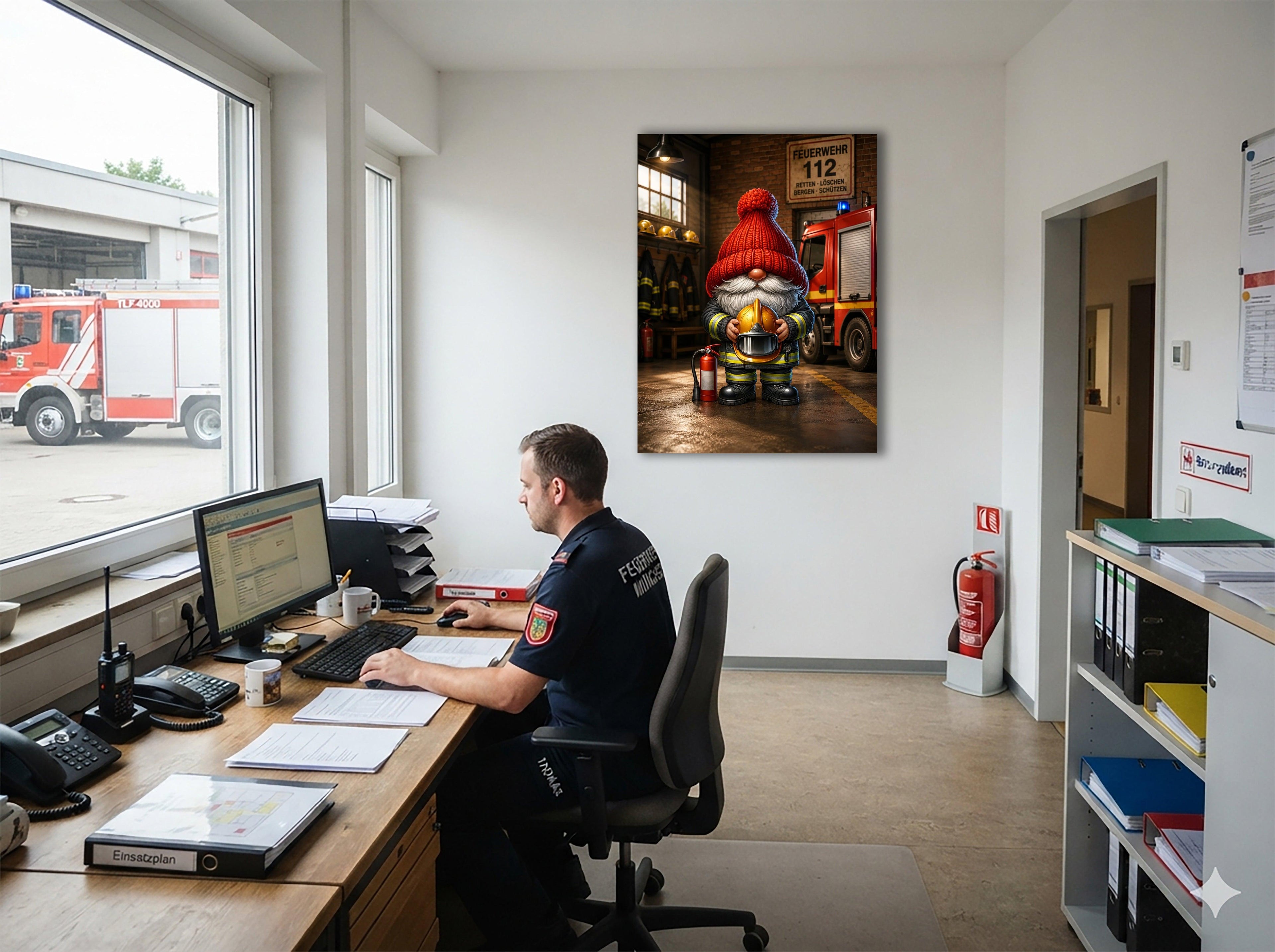 Feuerwehr Wichtel in der Feuerwache Kunstdruck auf Leinwand