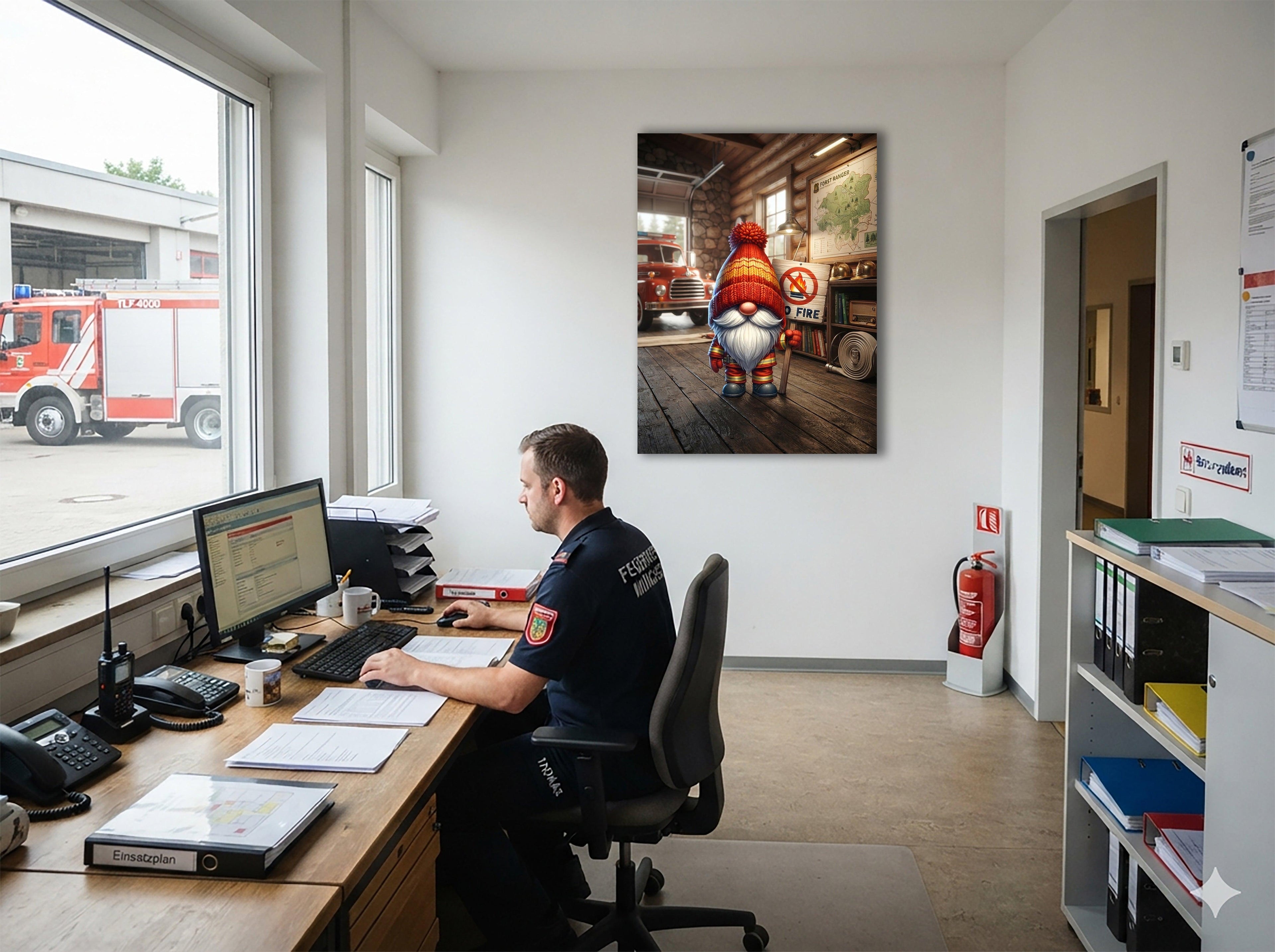 Feuerwehr Wichtel Forstranger mit No Fire Schild Kunstdruck auf Leinwand