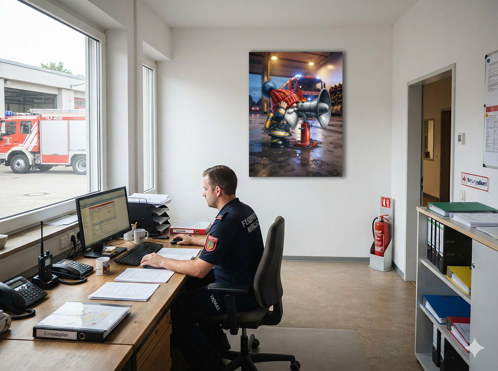 Feuerwehr Wichtel an der Sirene im Regen Kunstdruck auf Leinwand