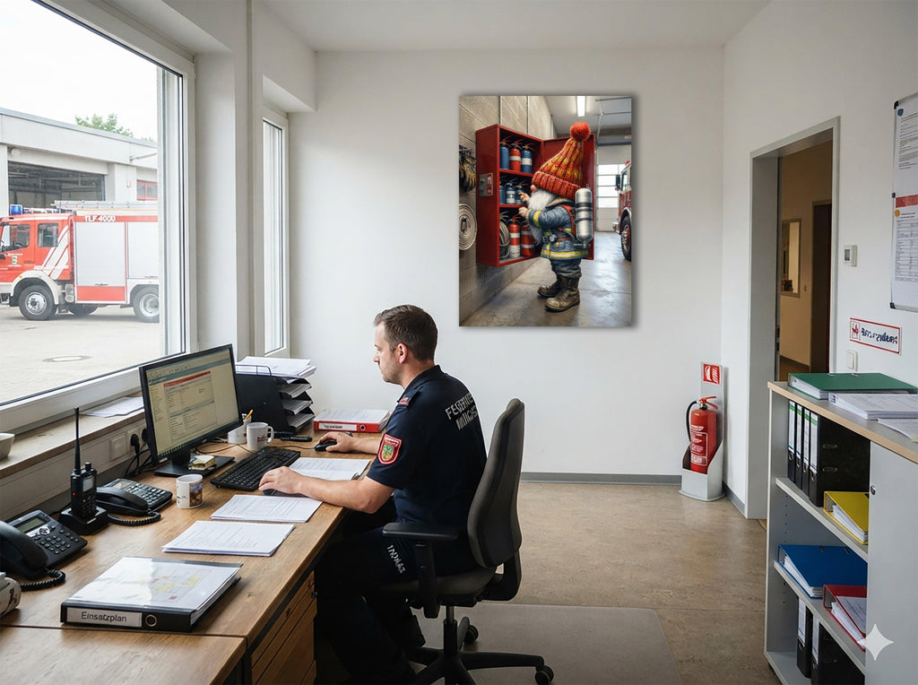 Feuerwehr Wichtel am Feuerlöscher-Schrank Kinderzimmer Kunstdruck auf Leinwand Nr. 2