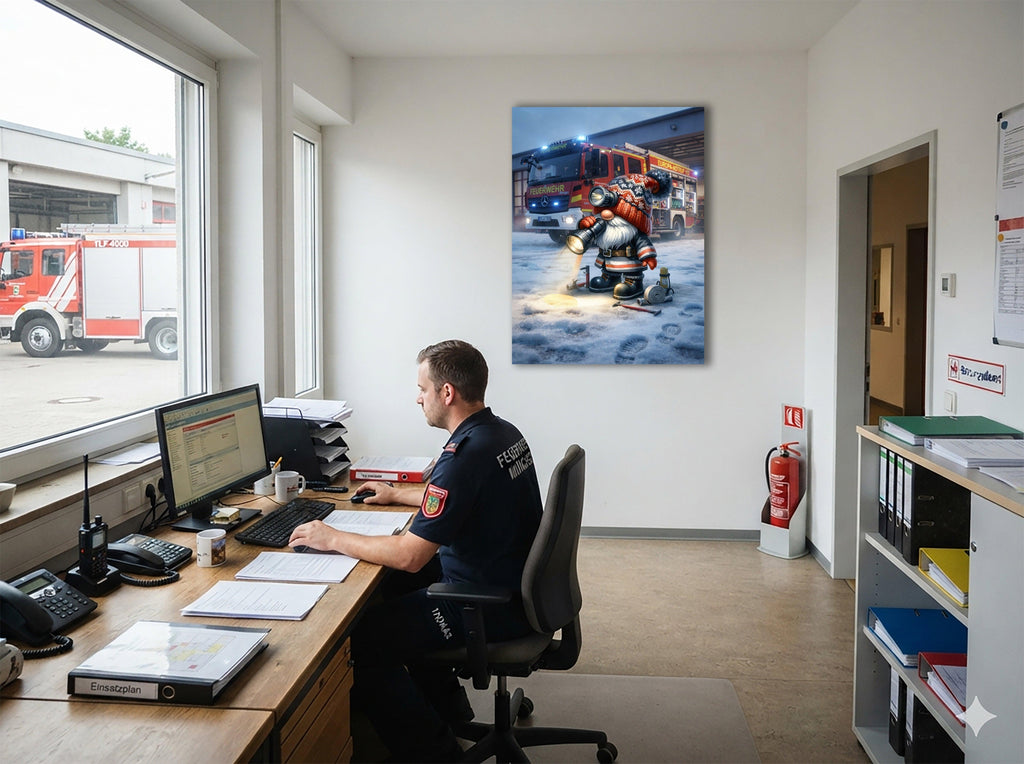 Feuerwehr Wichtel Wintereinsatz mit Taschenlampe Kunstdruck auf Leinwand