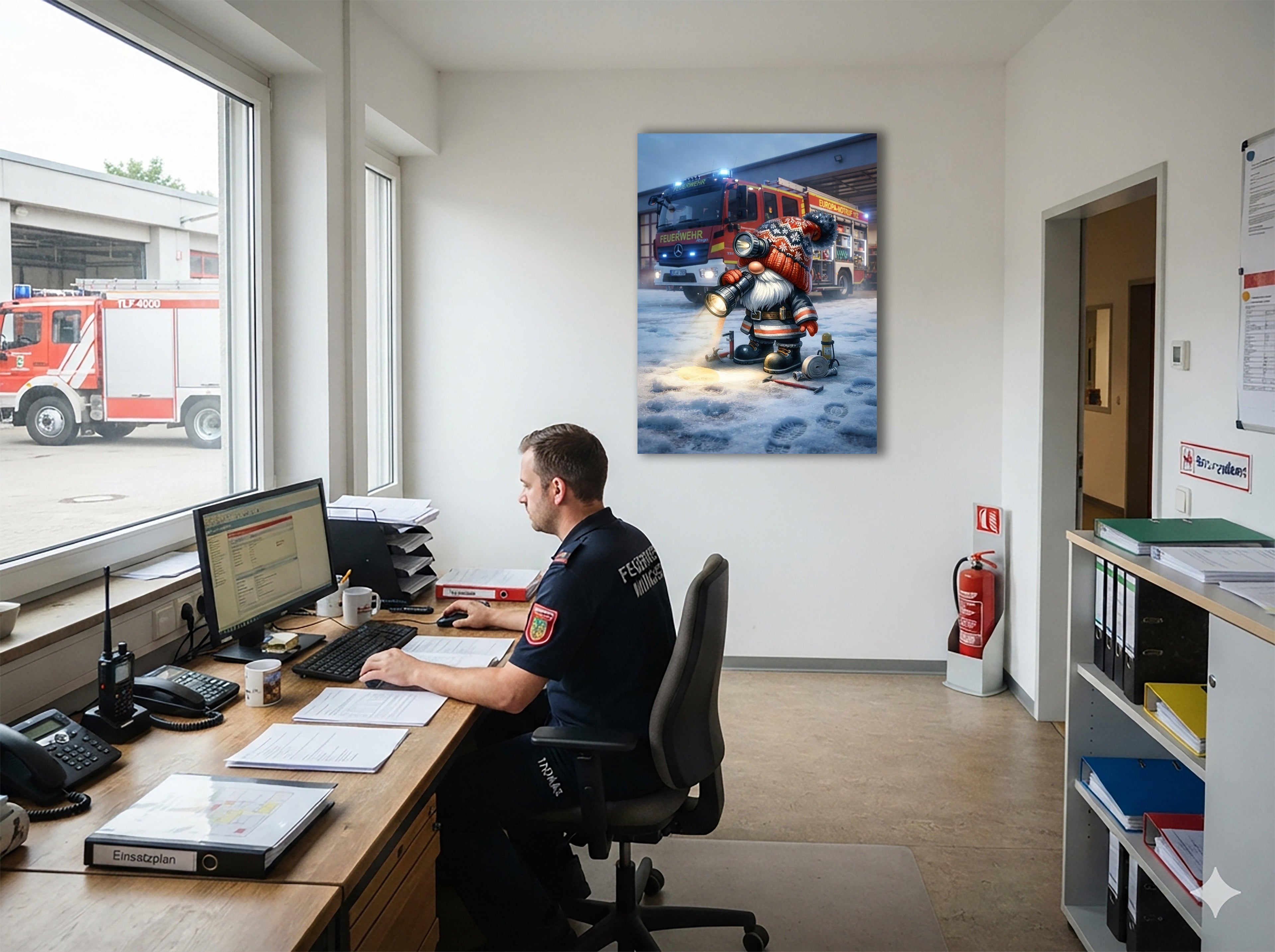 Feuerwehr Wichtel Wintereinsatz mit Taschenlampe Kunstdruck auf Leinwand