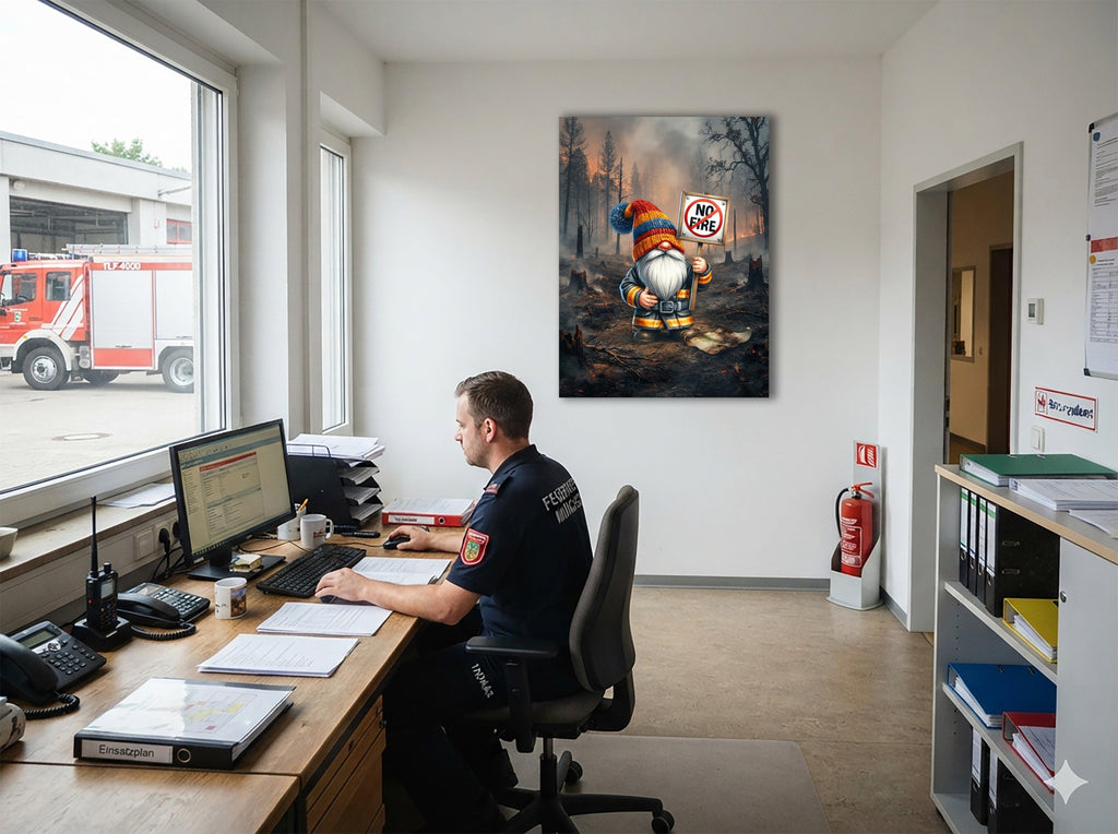 Feuerwehr Wichtel im ausgebrannten Wald mit No Fire Schild Kunstdruck auf Leinwand