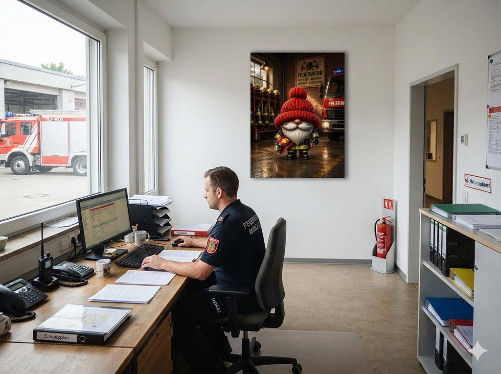 Feuerwehr Wichtel mit rotem Helm Kunstdruck auf Leinwand