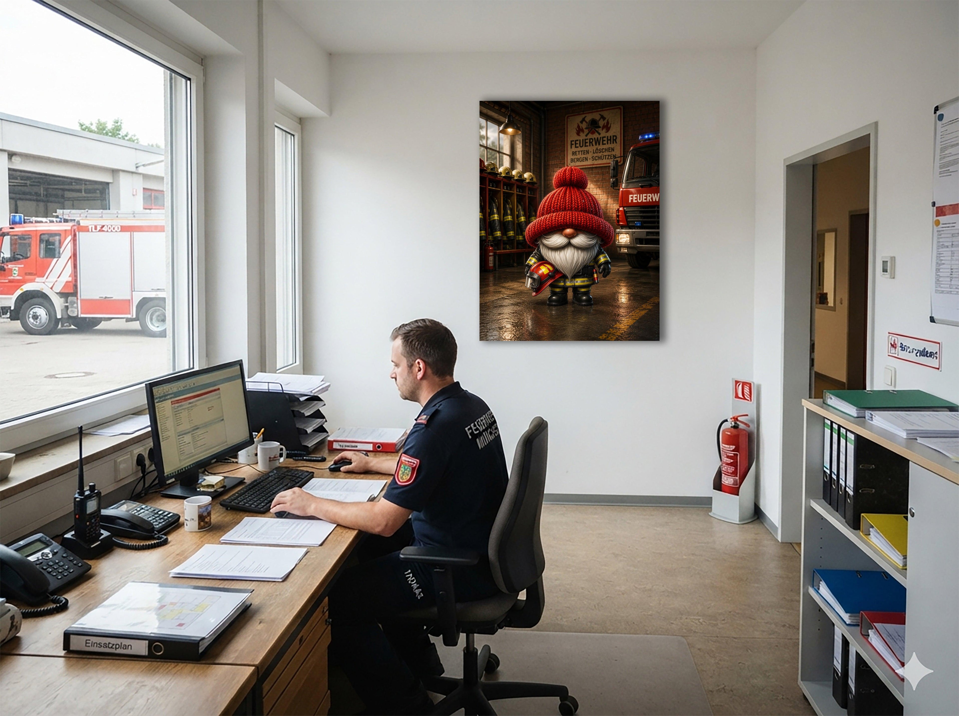 Feuerwehr Wichtel mit rotem Helm Kunstdruck auf Leinwand