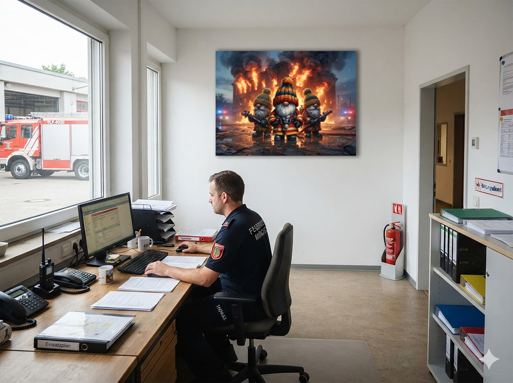 Feuerwehr Wichtel im Großeinsatz vor brennendem Gebäude Kunstdruck auf Leinwand