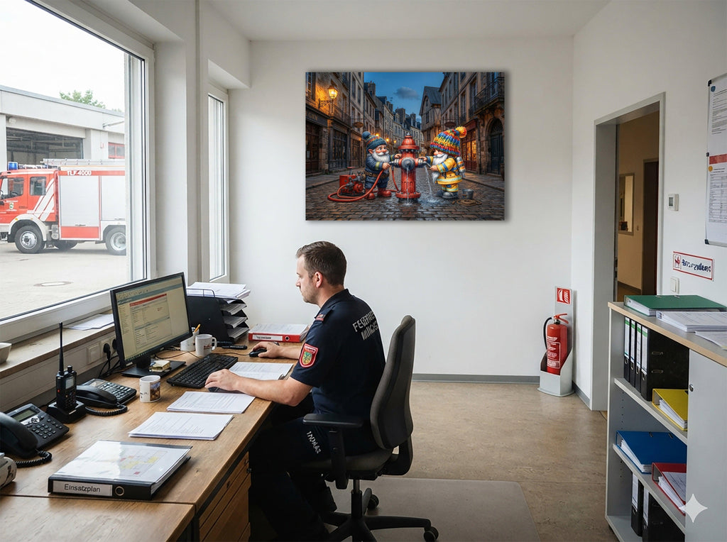 Feuerwehr Wichtel am Hydranten in der Altstadt Kunstdruck auf Leinwand