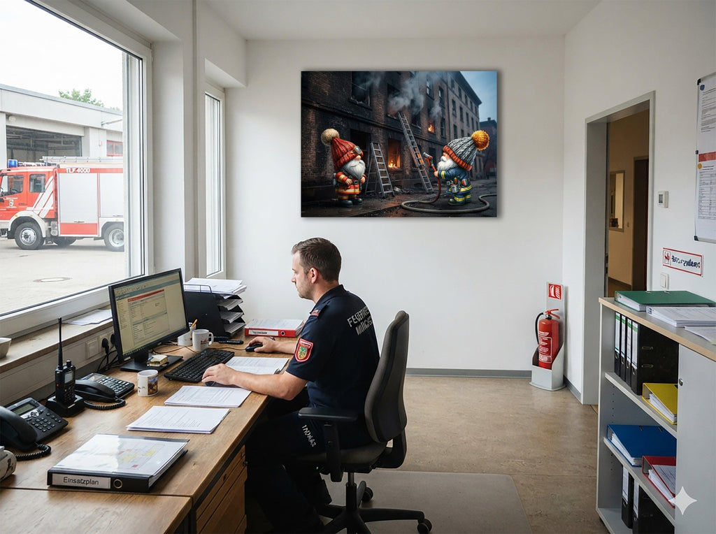Feuerwehr Wichtel am brennenden Gebäude mit Leiter Kunstdruck auf Leinwand