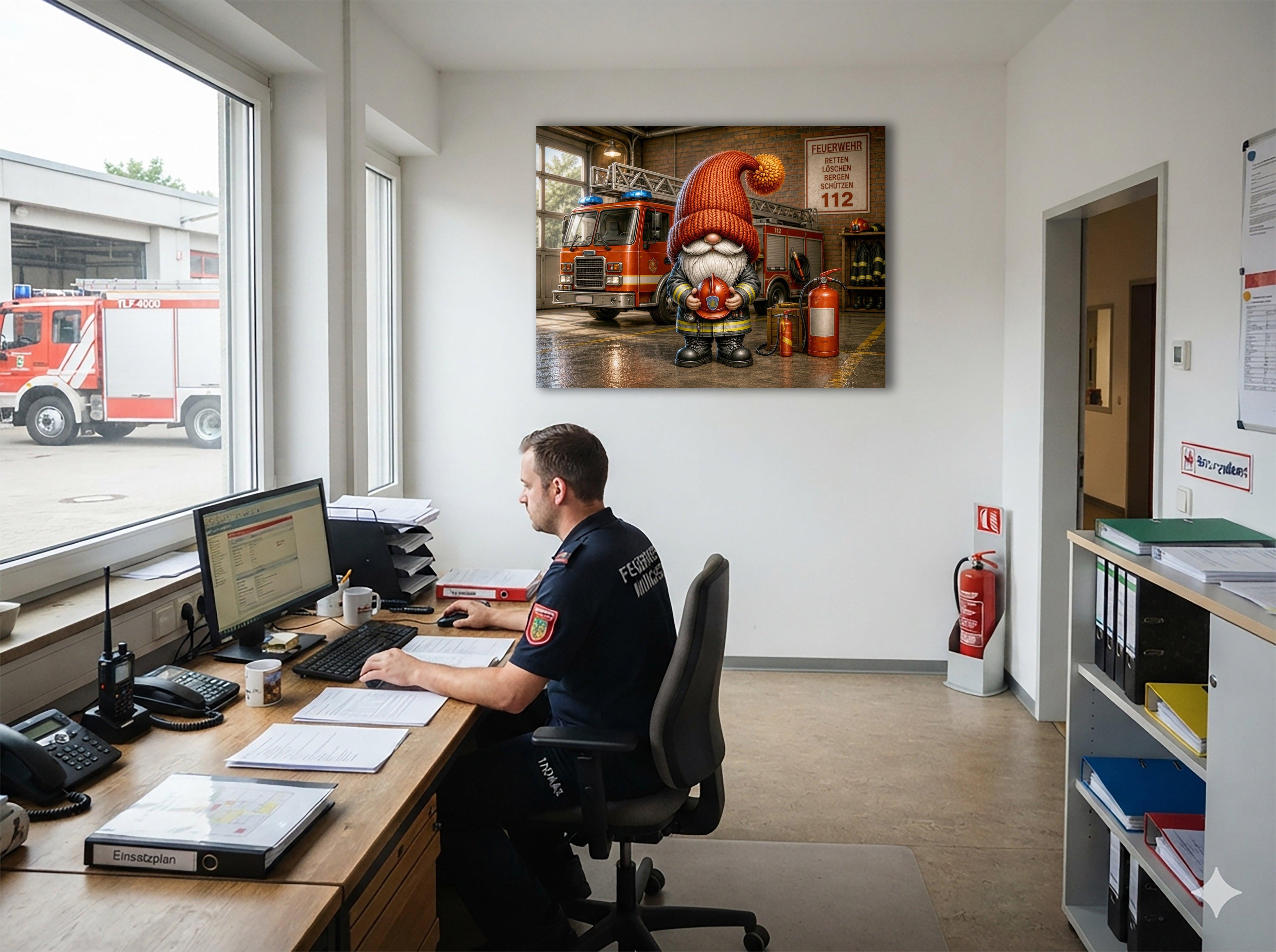 Feuerwehr Wichtel mit Schlauch und Helm Kunstdruck auf Leinwand