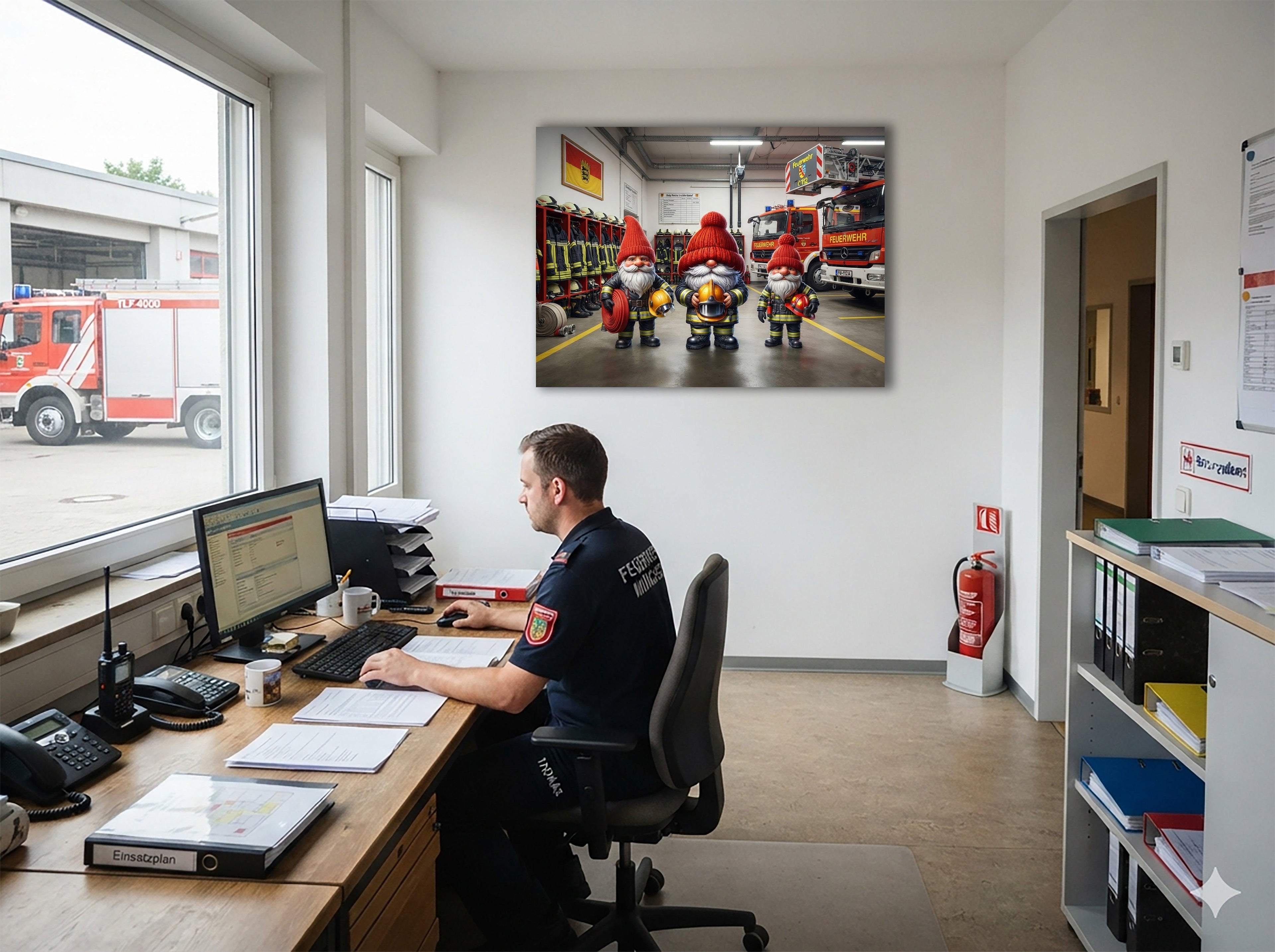 Drei Feuerwehr Wichtel in der Feuerwache Kunstdruck auf Leinwand Nr. 7