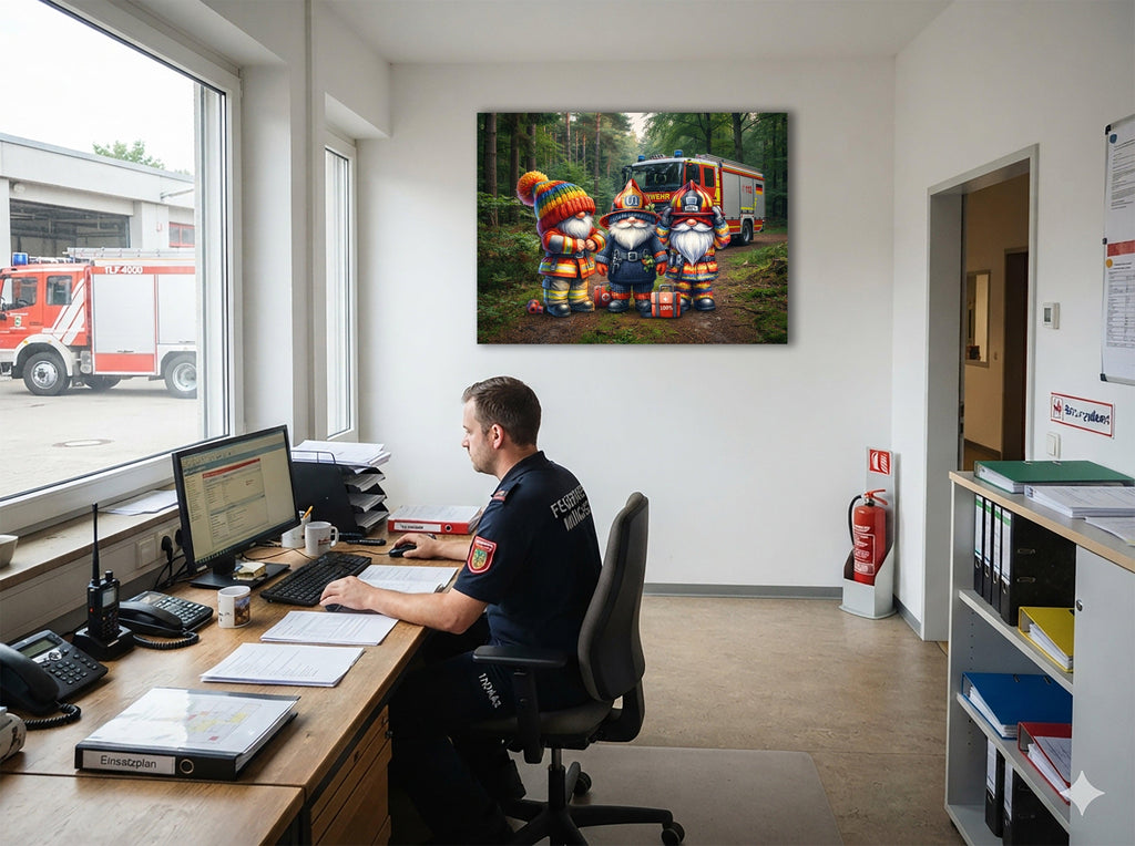Drei Feuerwehr Wichtel im Waldeinsatz Kunstdruck auf Leinwand Nr. 6