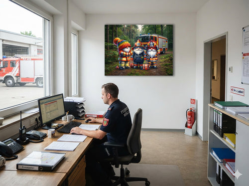 Drei Feuerwehr Wichtel im Waldeinsatz Kunstdruck auf Leinwand Nr. 6