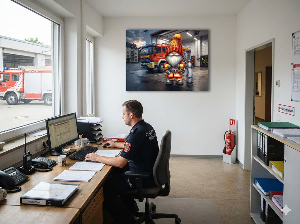 Feuerwehr Wichtel vor dem Feuerwehrauto beim Ausrücken Kunstdruck auf Leinwand