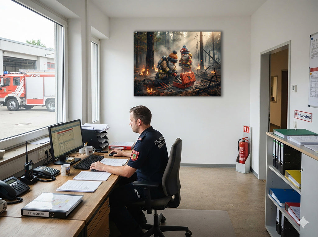 Feuerwehr Wichtel nach dem Waldbrand Kunstdruck auf Leinwand