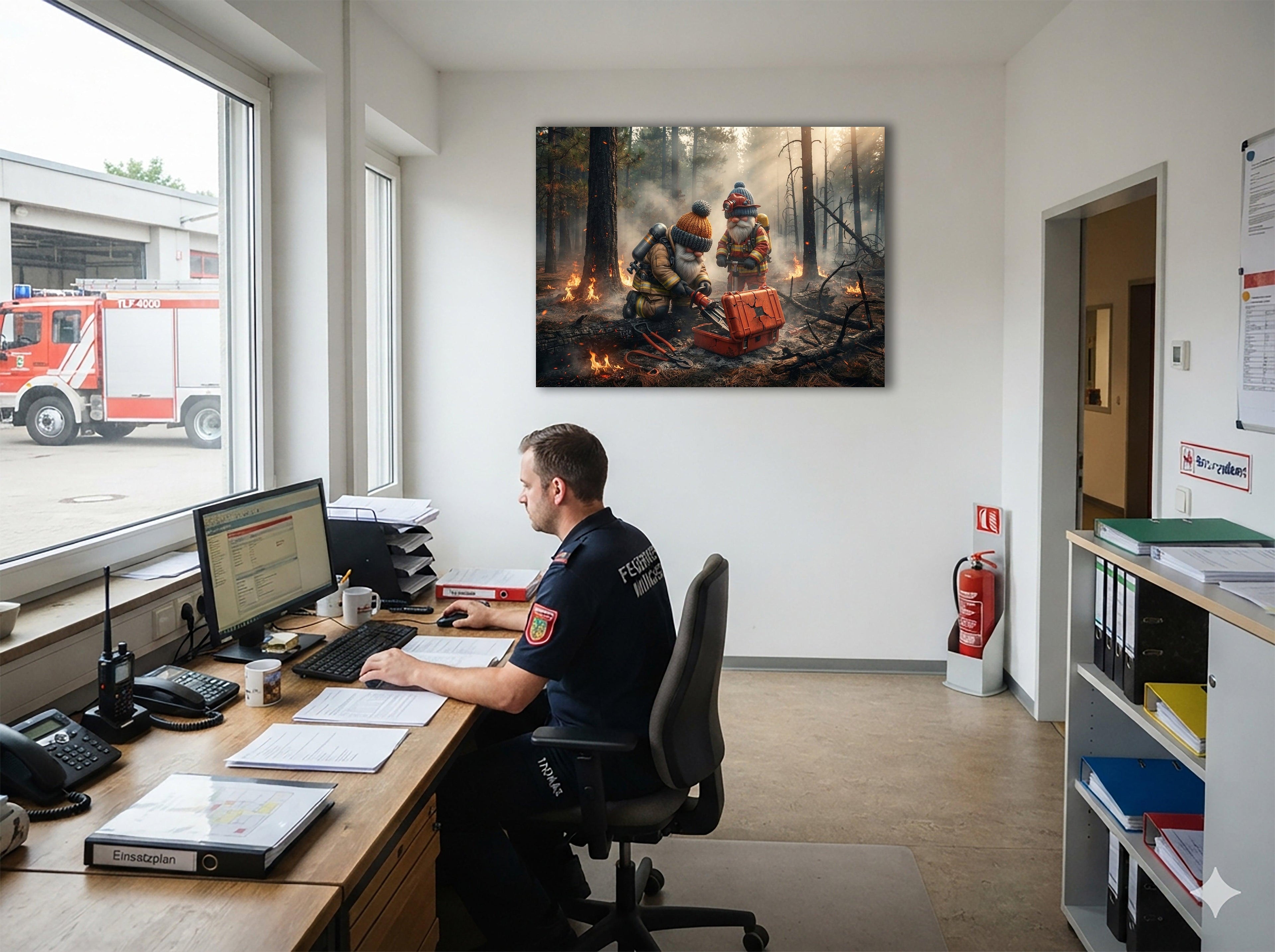 Feuerwehr Wichtel nach dem Waldbrand Kunstdruck auf Leinwand