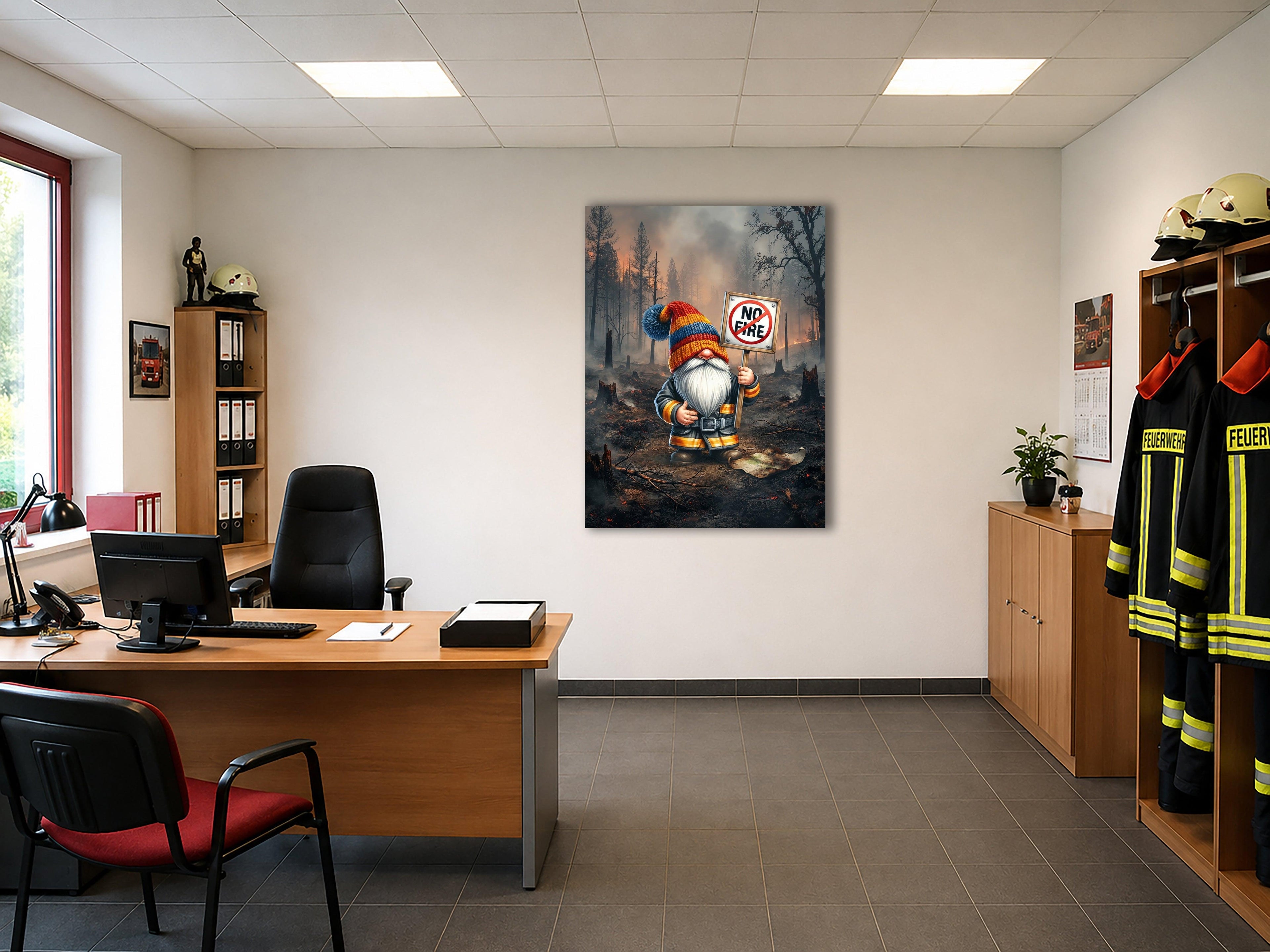 Feuerwehr Wichtel im ausgebrannten Wald mit No Fire Schild Kunstdruck auf Leinwand