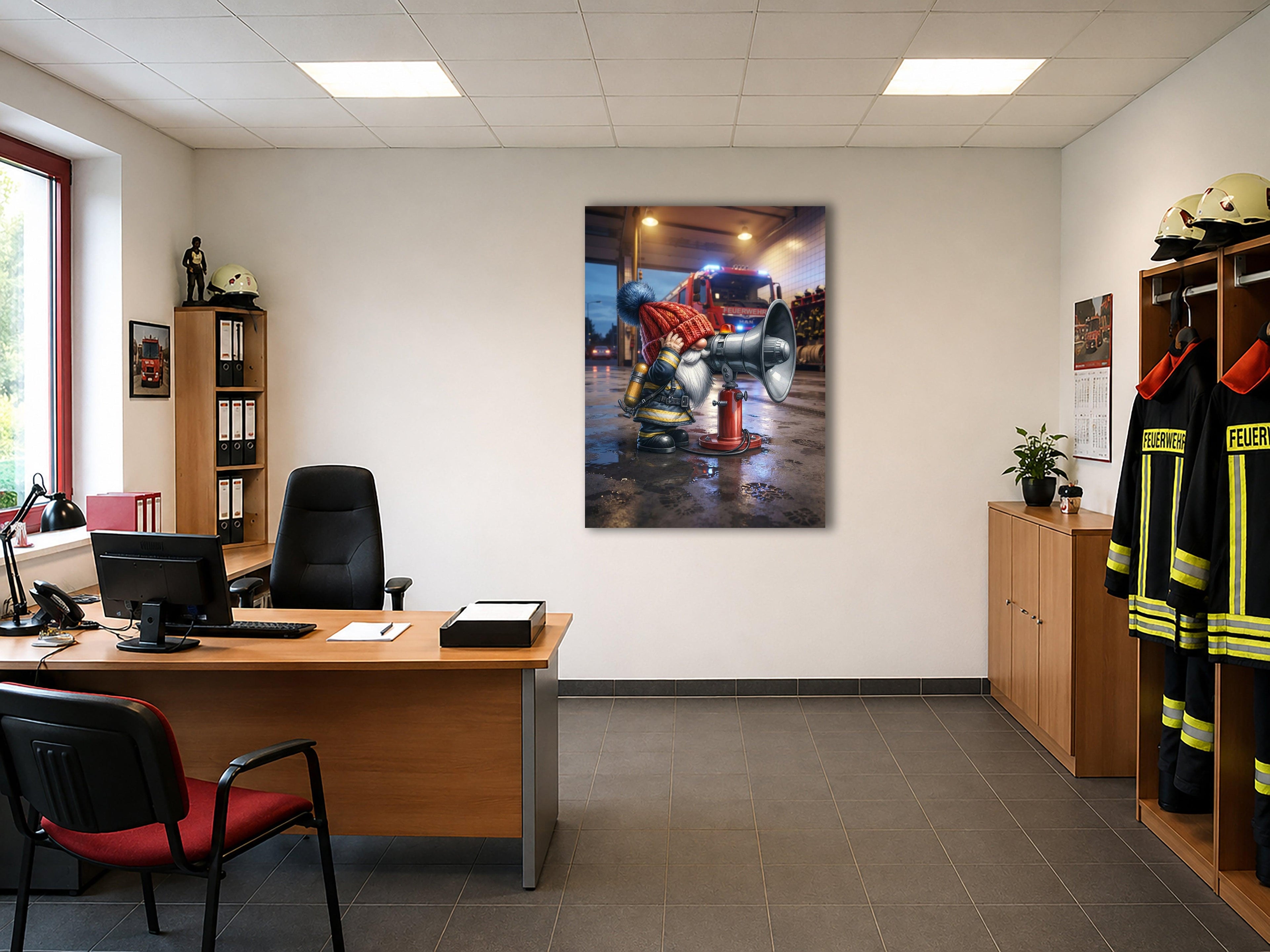 Feuerwehr Wichtel an der Sirene im Regen Kunstdruck auf Leinwand