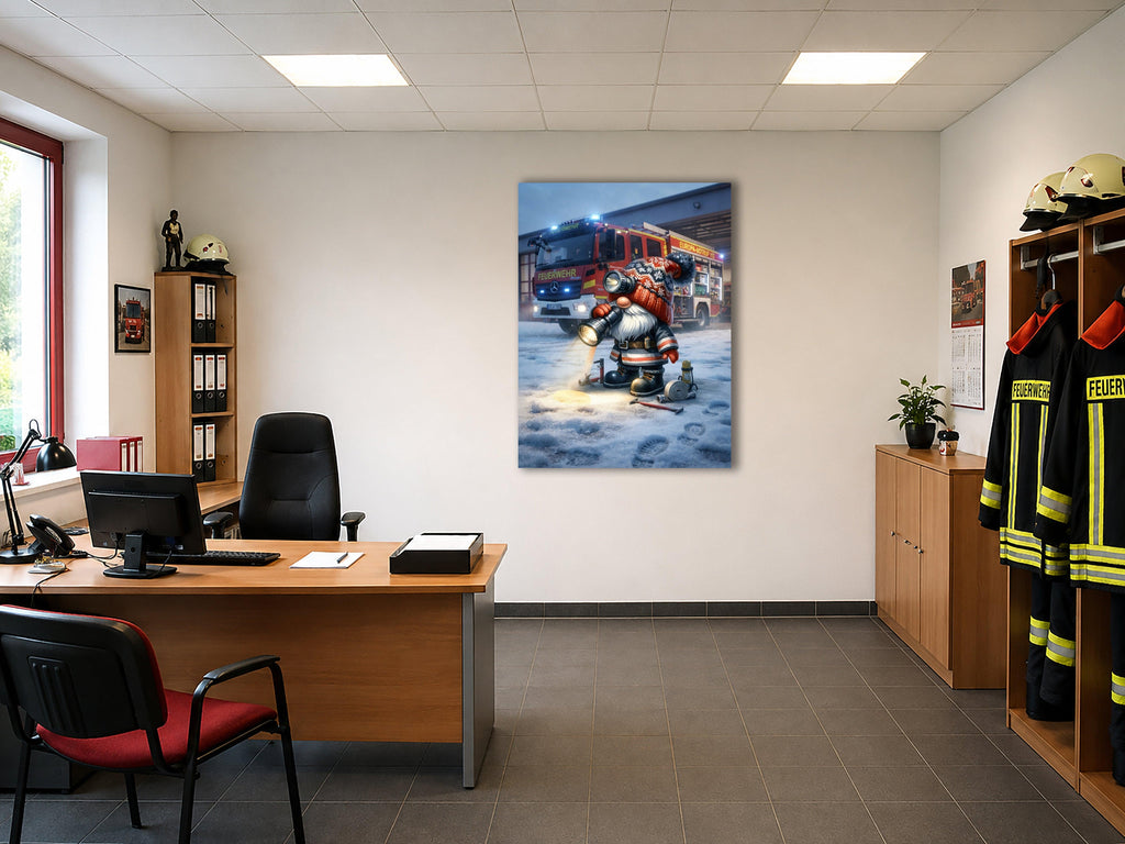 Feuerwehr Wichtel Wintereinsatz mit Taschenlampe Kunstdruck auf Leinwand
