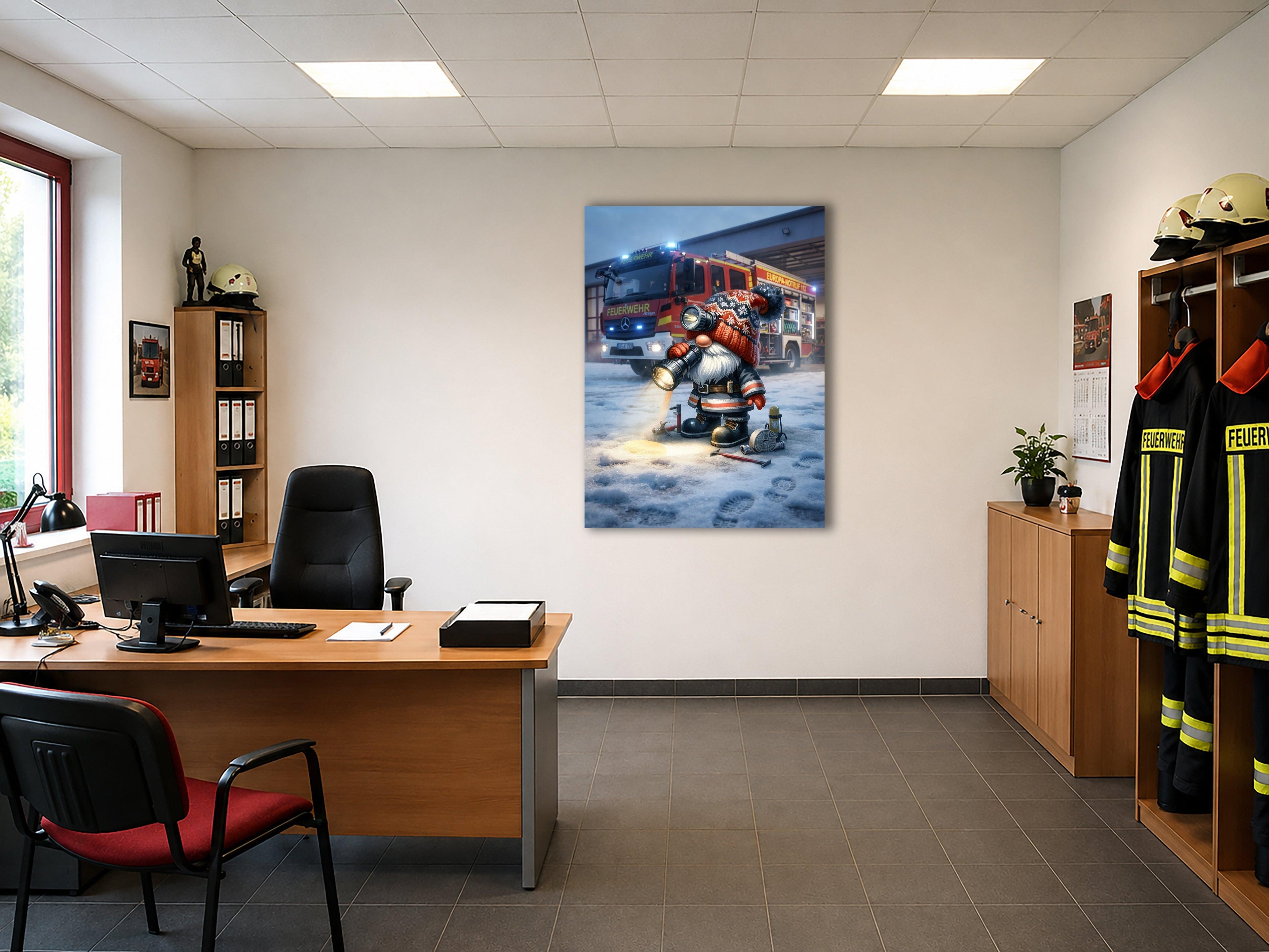 Feuerwehr Wichtel Wintereinsatz mit Taschenlampe Kunstdruck auf Leinwand