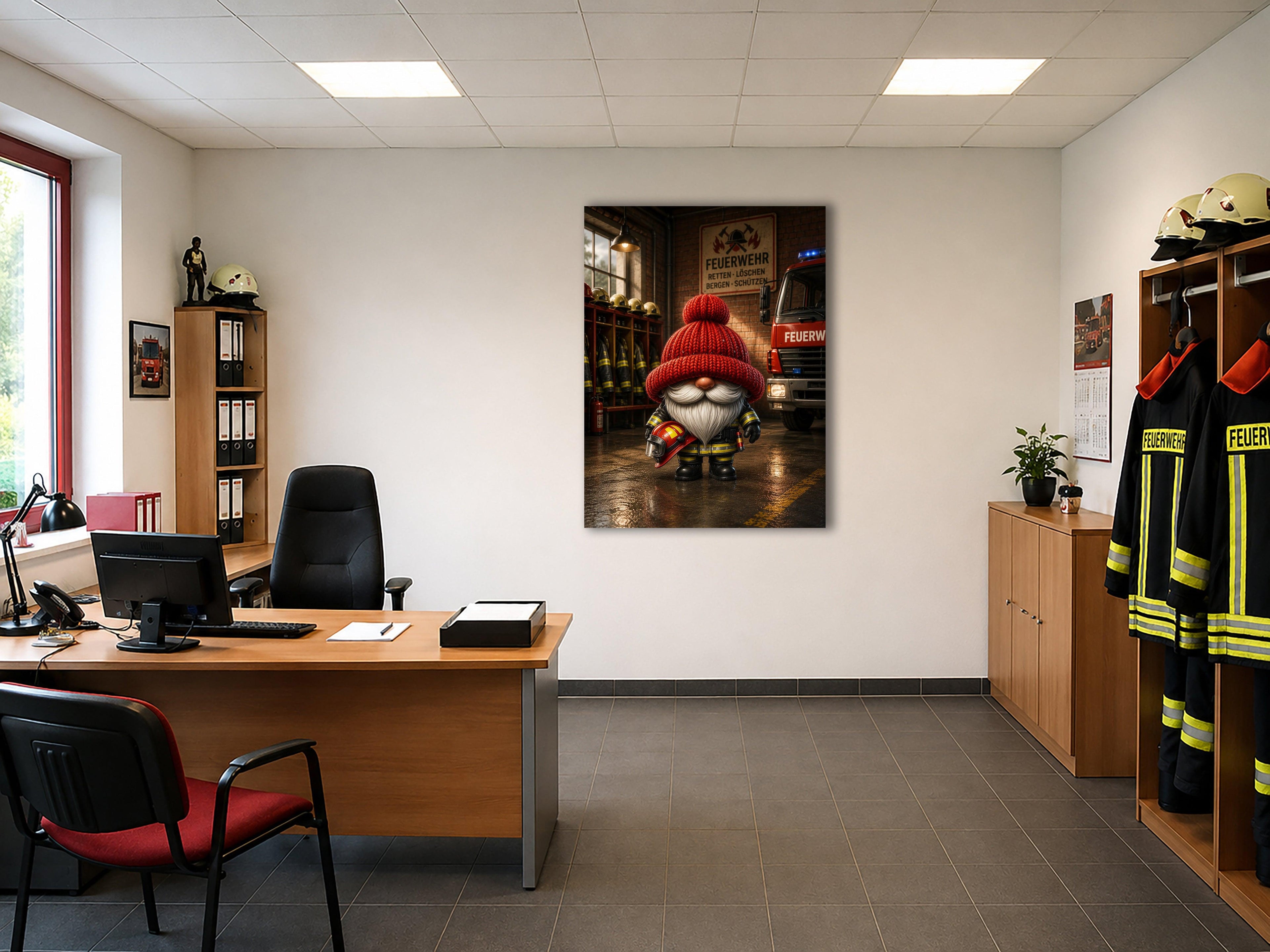 Feuerwehr Wichtel mit rotem Helm Kunstdruck auf Leinwand