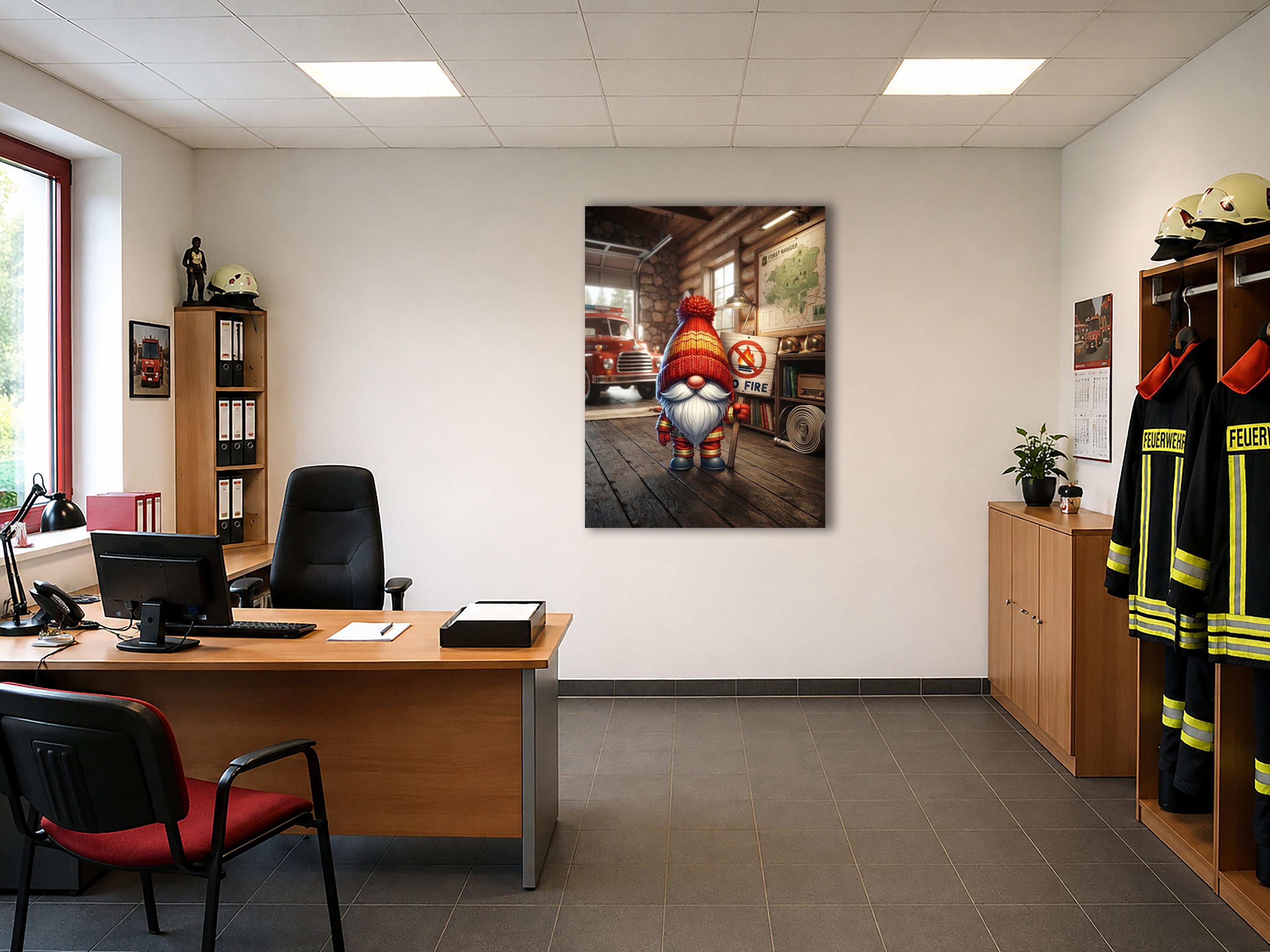 Feuerwehr Wichtel Forstranger mit No Fire Schild Kunstdruck auf Leinwand