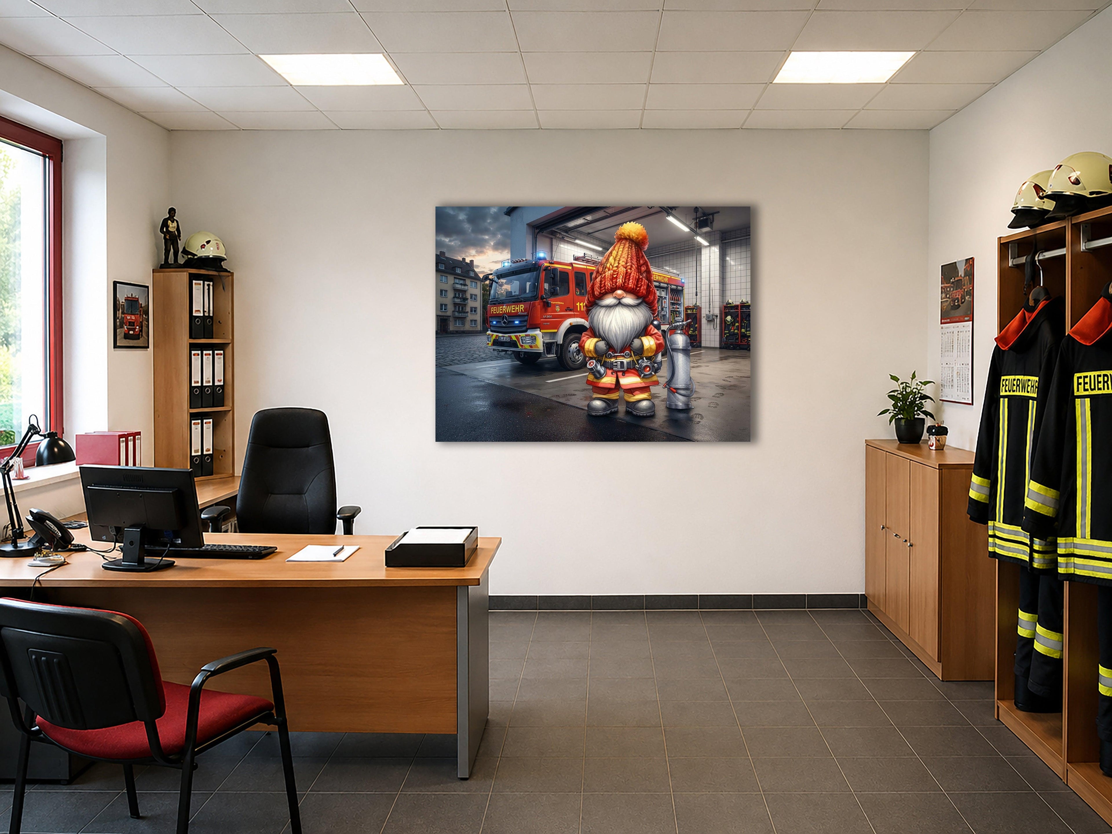 Feuerwehr Wichtel vor dem Feuerwehrauto beim Ausrücken Kunstdruck auf Leinwand