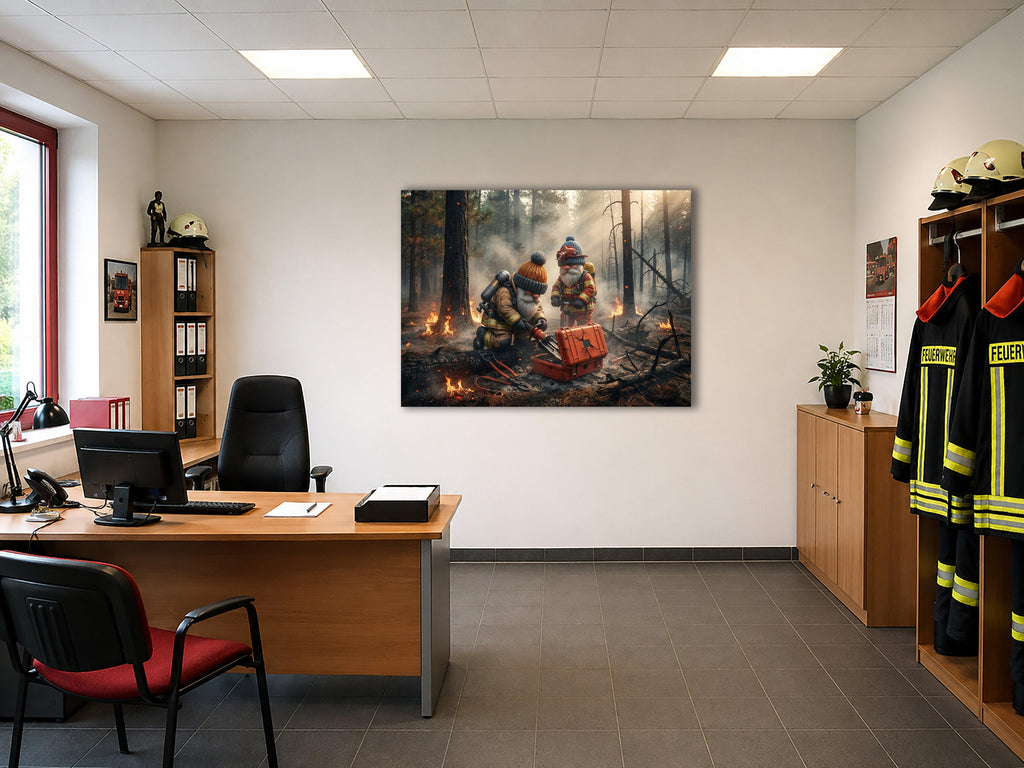 Feuerwehr Wichtel nach dem Waldbrand Kunstdruck auf Leinwand