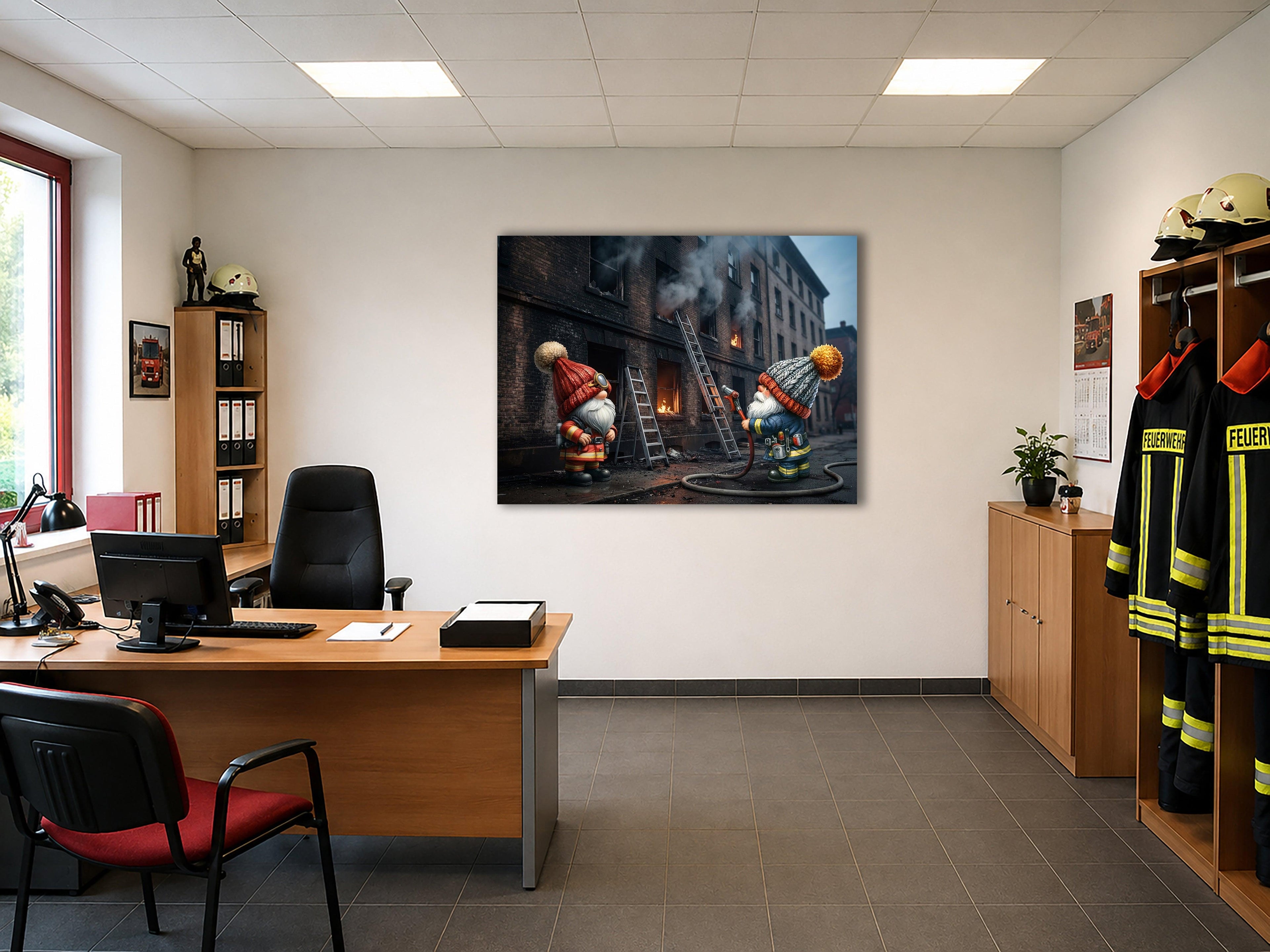 Feuerwehr Wichtel am brennenden Gebäude mit Leiter Kunstdruck auf Leinwand