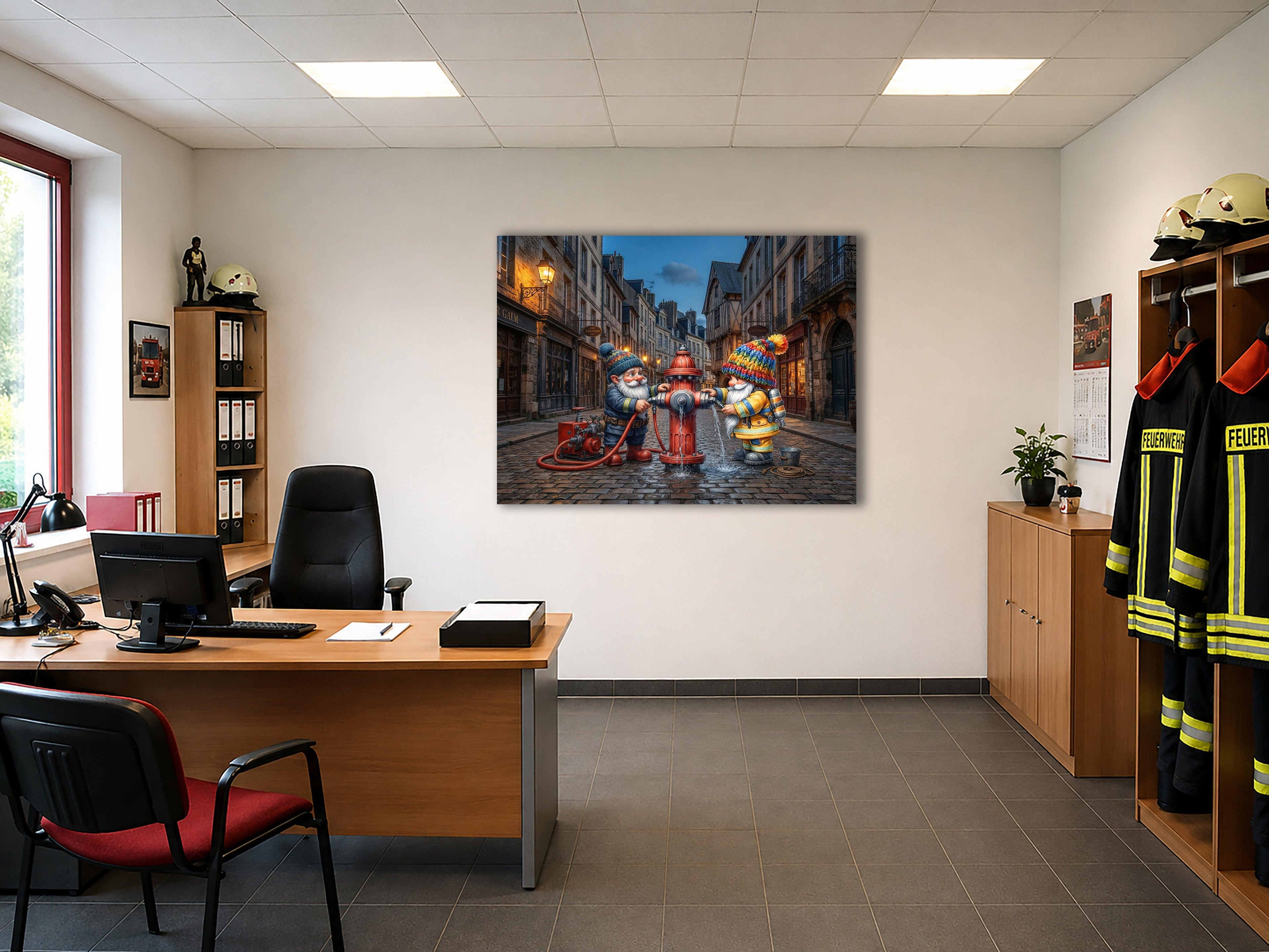Feuerwehr Wichtel am Hydranten in der Altstadt Kunstdruck auf Leinwand