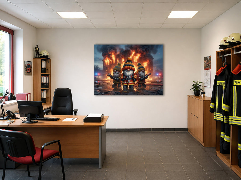 Feuerwehr Wichtel im Großeinsatz vor brennendem Gebäude Kunstdruck auf Leinwand