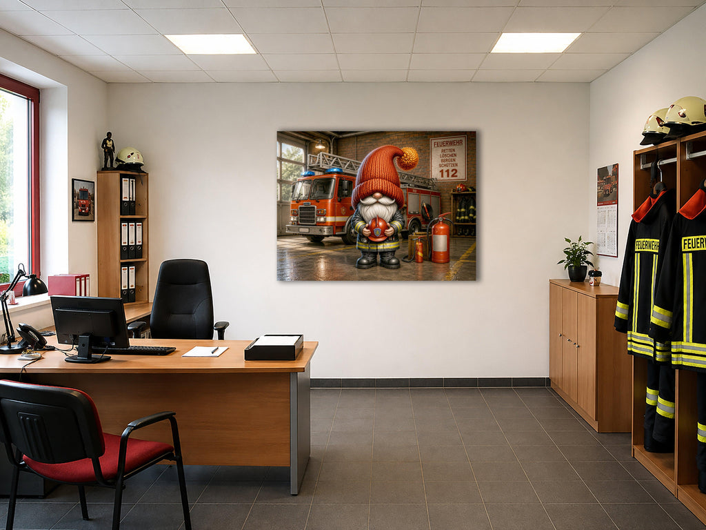 Feuerwehr Wichtel mit Schlauch und Helm Kunstdruck auf Leinwand