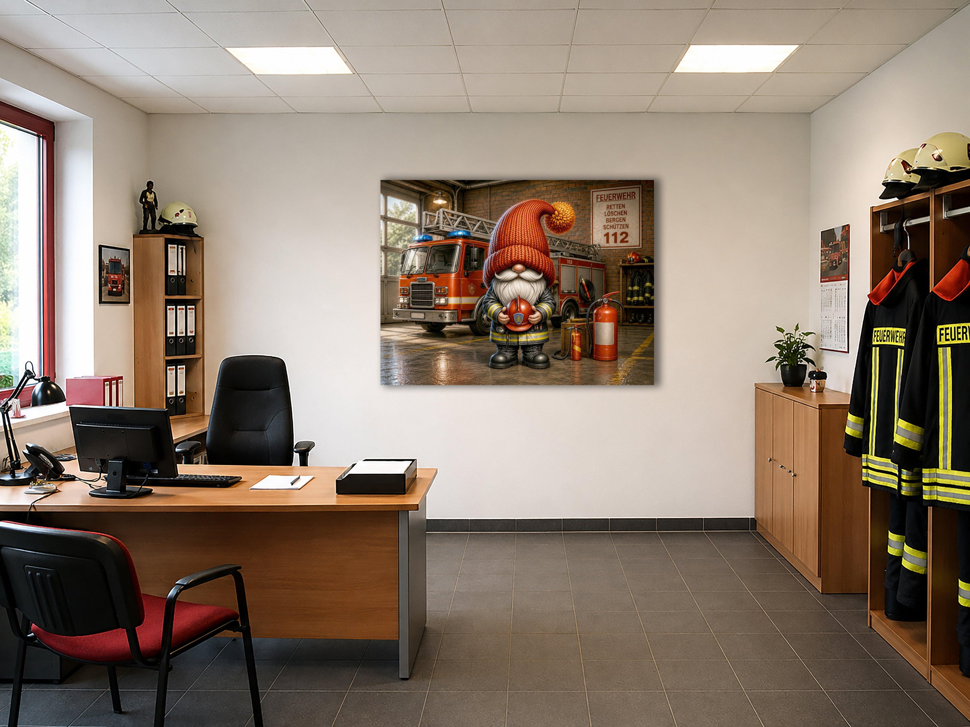 Feuerwehr Wichtel mit Schlauch und Helm Kunstdruck auf Leinwand