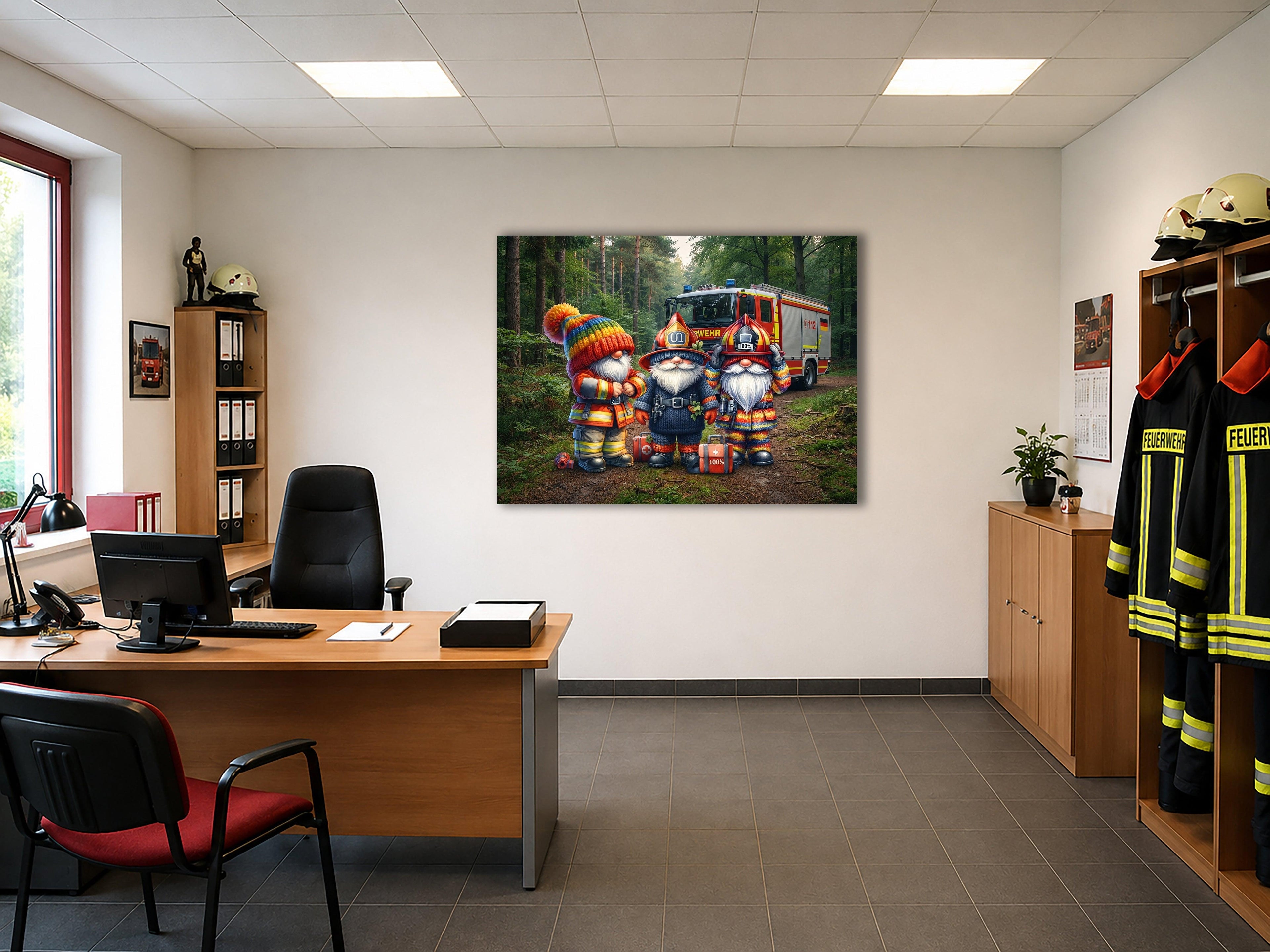 Drei Feuerwehr Wichtel im Waldeinsatz Kunstdruck auf Leinwand Nr. 6