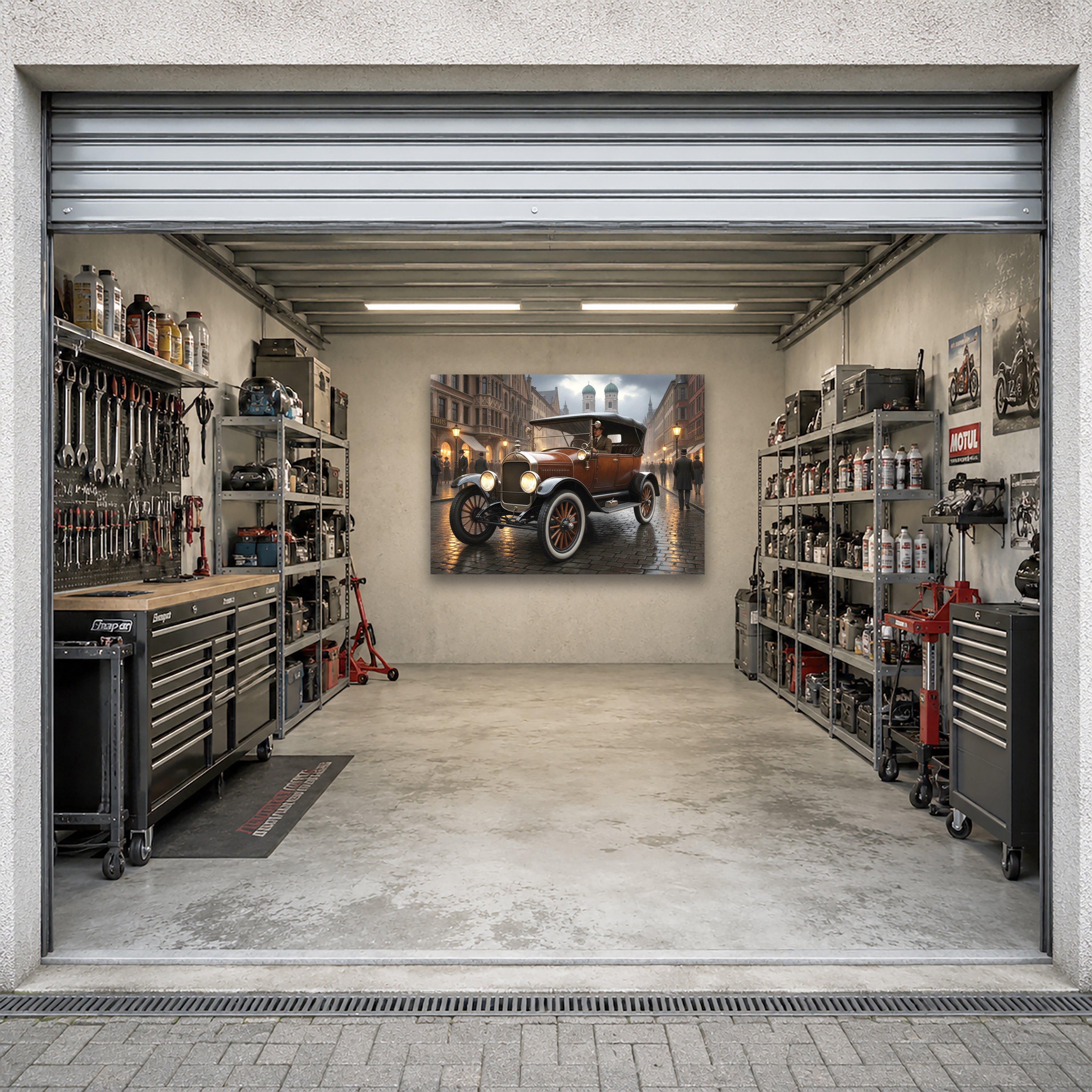 Wandbild Oldtimer Brauner Tourenwagen Fahrer München Frauenkirche Kaiserzeit Kunstdruck auf Leinwand