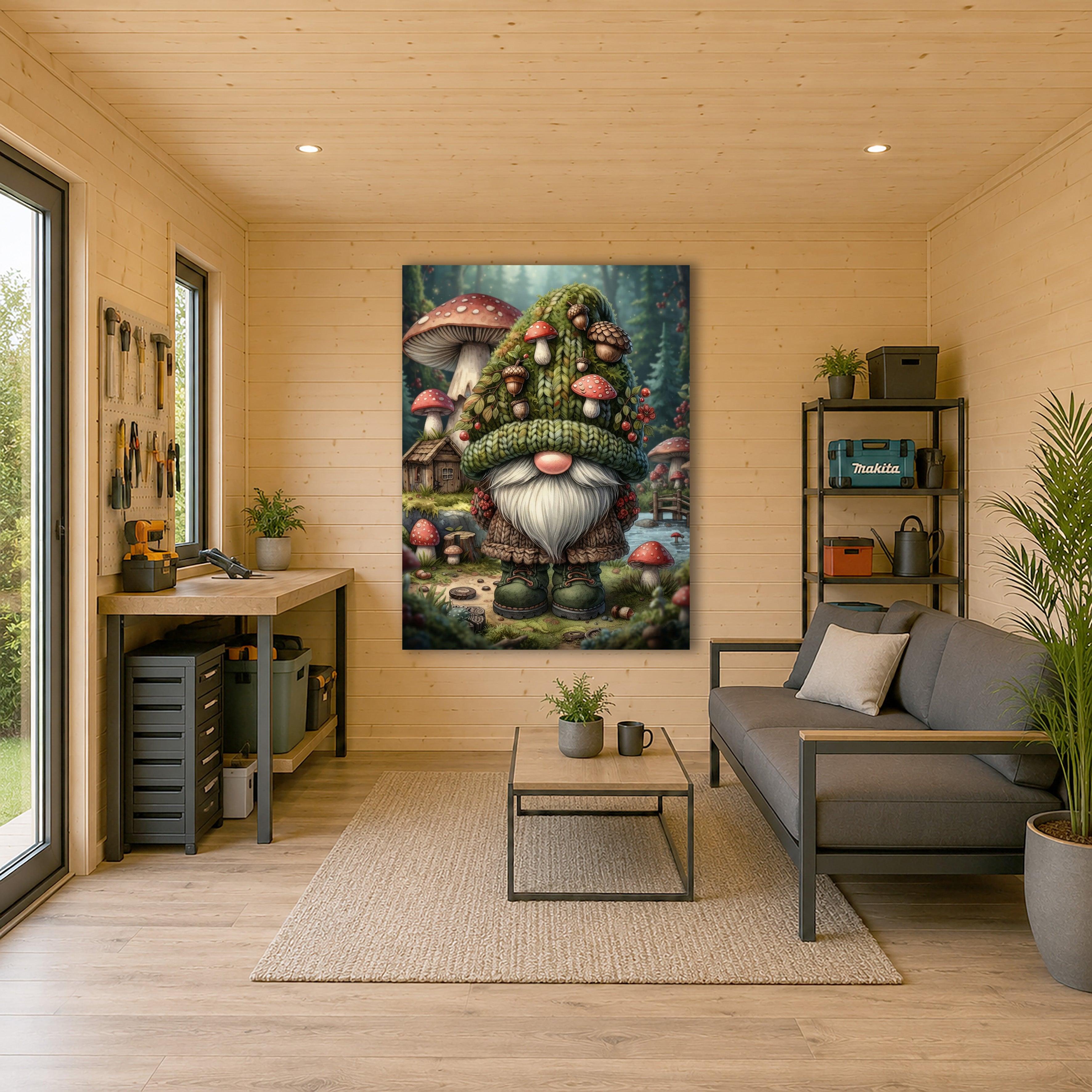 Wandbild Pilzwald Wichtel mit Strickhut Kunstdruck auf Leinwand