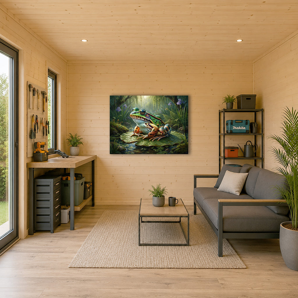 Wandbild Frosch Seerosenblatt Lila Iris Weidenzweige Gegenlicht Kunstdruck auf Leinwand