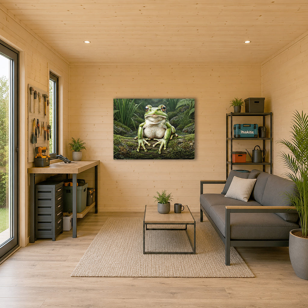 Wandbild Frosch Hellgrün Moosiger Ast Schilf Teich Kunstdruck auf Leinwand