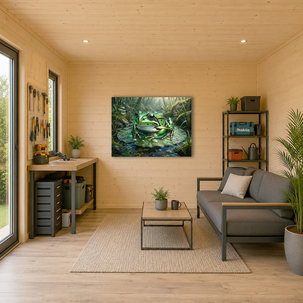 Wandbild Frosch Seerosenblatt Wassertropfen Schilf Waldlicht Kunstdruck auf Leinwand