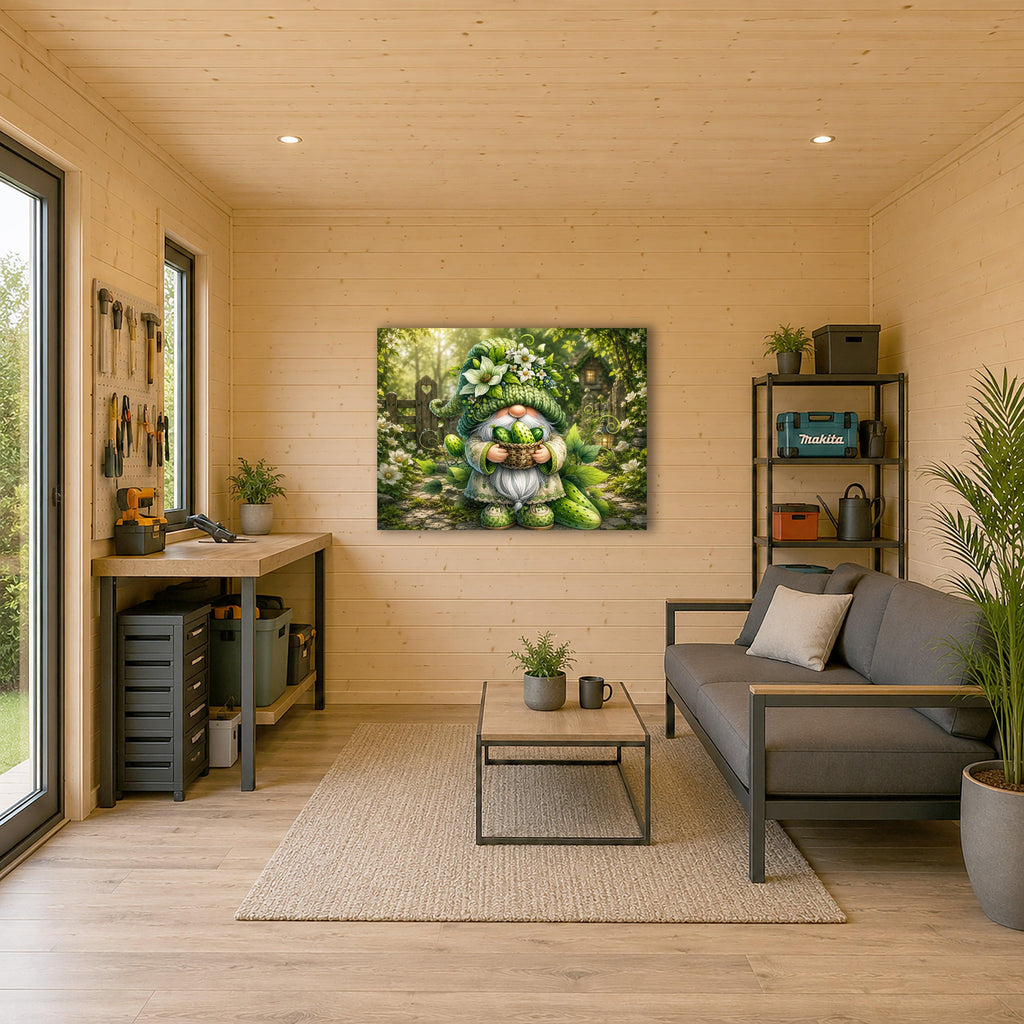 Wichtel Gärtner mit Gurkenkorb im Zaubergarten Kunstdruck auf Leinwand
