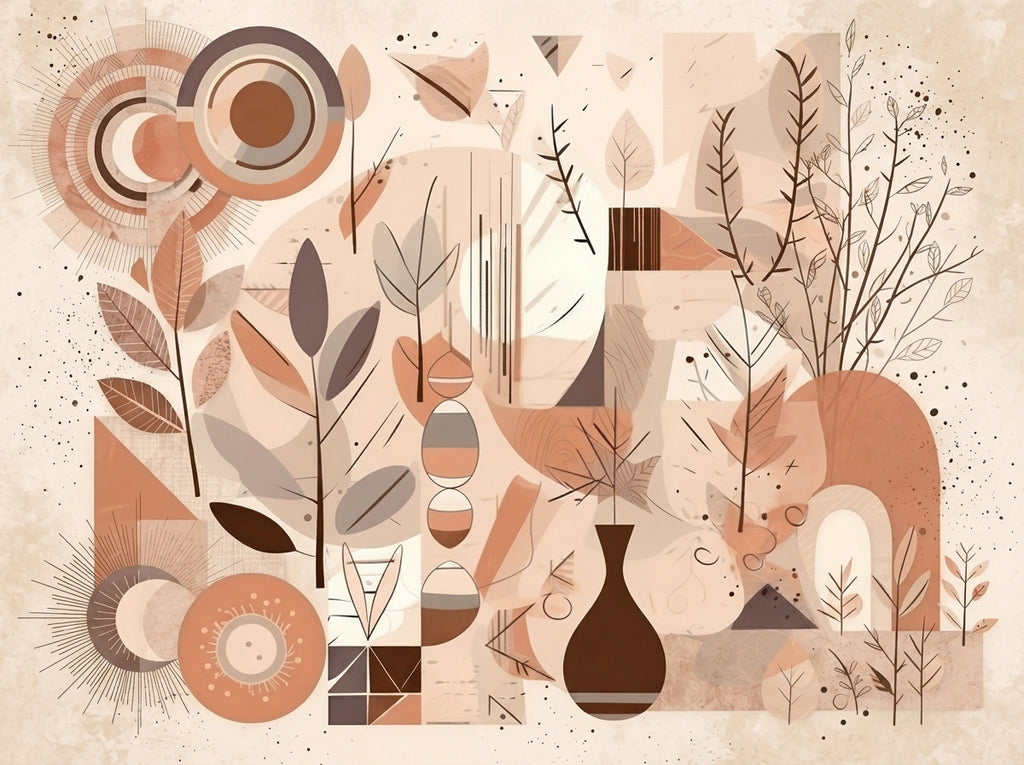 Wandbild Boho Art Abstrakt Collage Fuchs Vase Zweige Beige Rosa Illustrationsstil Kunstdruck auf Leinwand