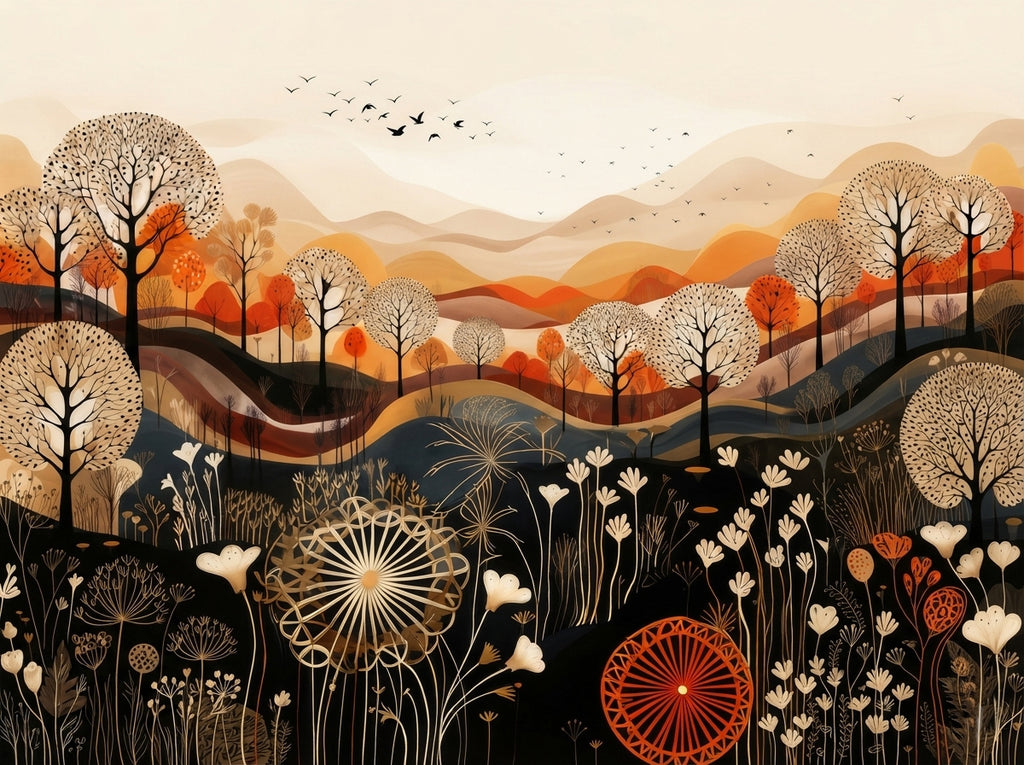Wandbild Boho Art Herbstlandschaft Wildblumen Wellen Illustrationsstil Kunstdruck auf Leinwand