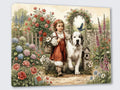 Wandbild Vintage Mädchen 7 mit Hund und Blumen Kunstdruck auf Leinwand | Wandbild Galerie