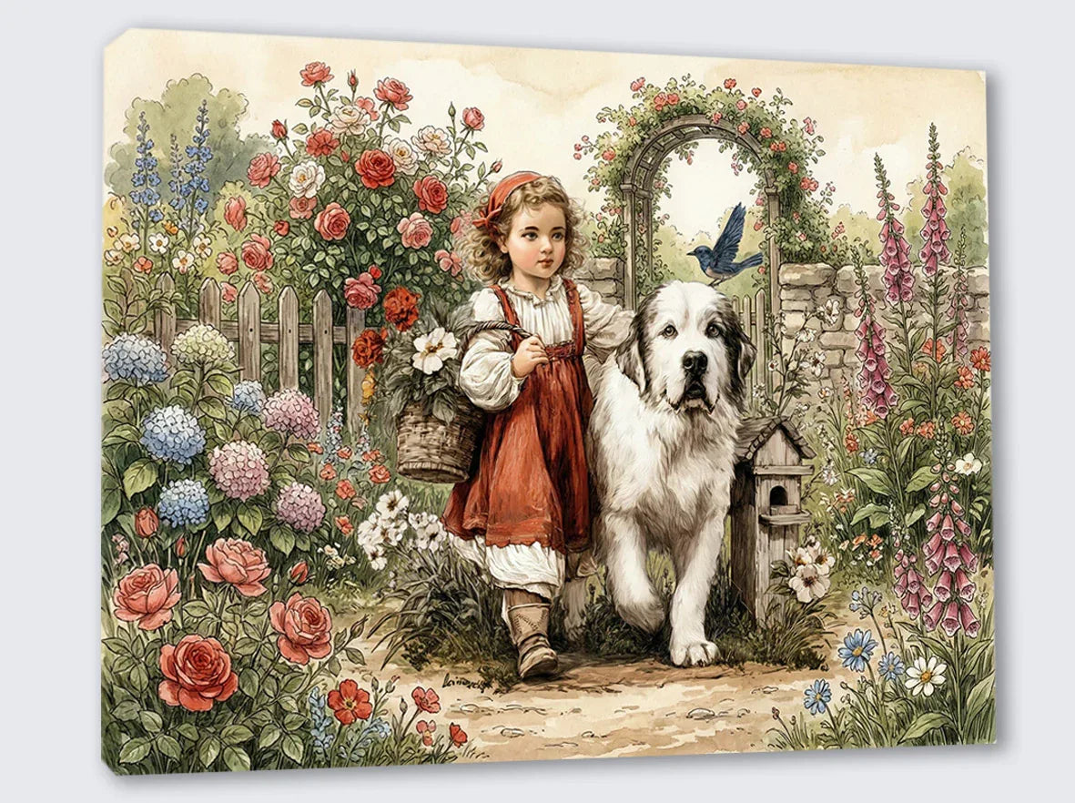 Wandbild Vintage Mädchen 7 mit Hund und Blumen Kunstdruck auf Leinwand | Wandbild Galerie