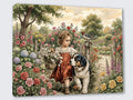 Wandbild Vintage Mädchen 6 mit Hund und Blumen Kunstdruck auf Leinwand | Wandbild Galerie
