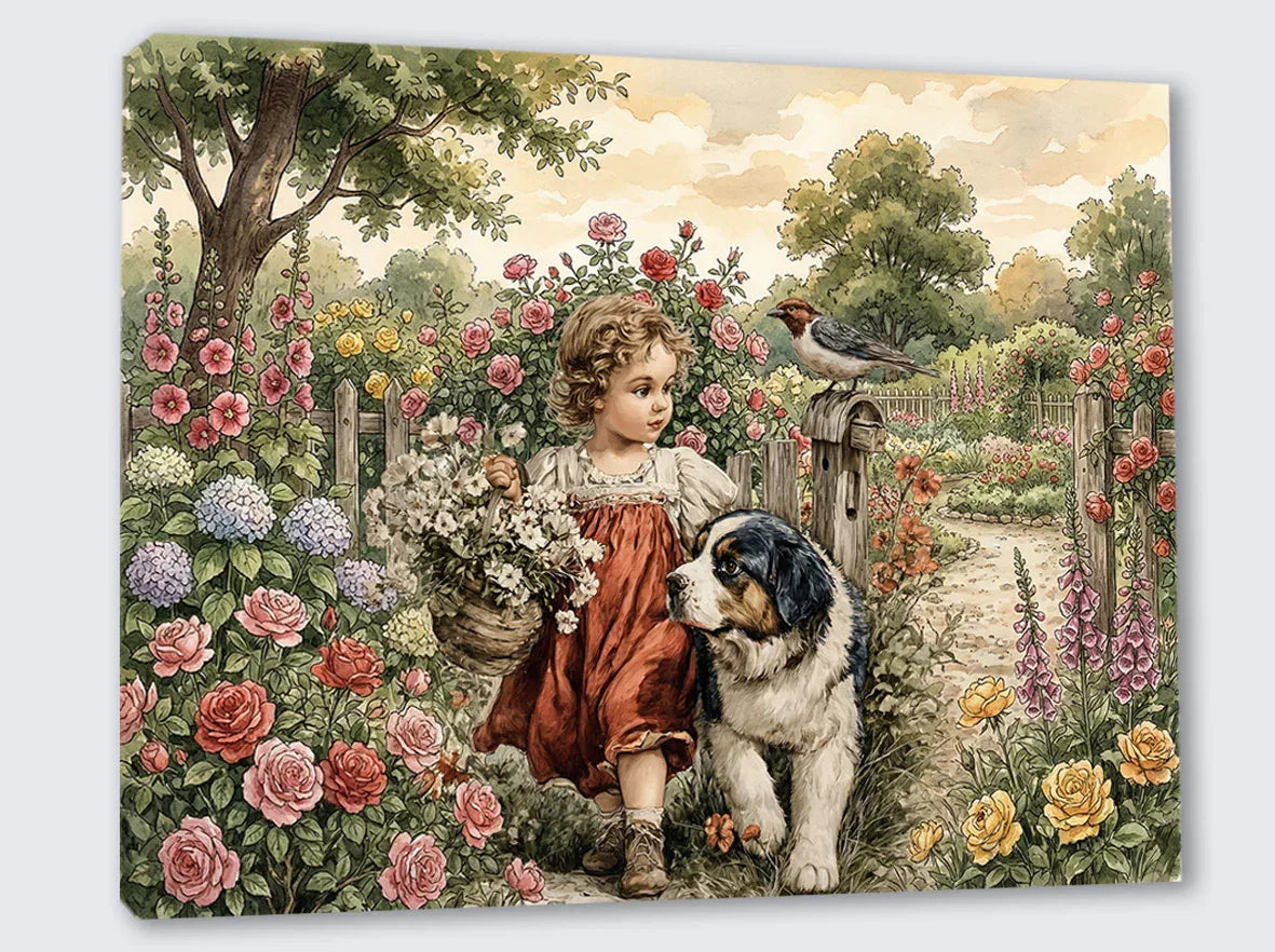 Wandbild Vintage Mädchen 6 mit Hund und Blumen Kunstdruck auf Leinwand | Wandbild Galerie