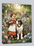 Wandbild Vintage Mädchen 5 mit Hund und Blumen Kunstdruck auf Leinwand | Wandbild Galerie