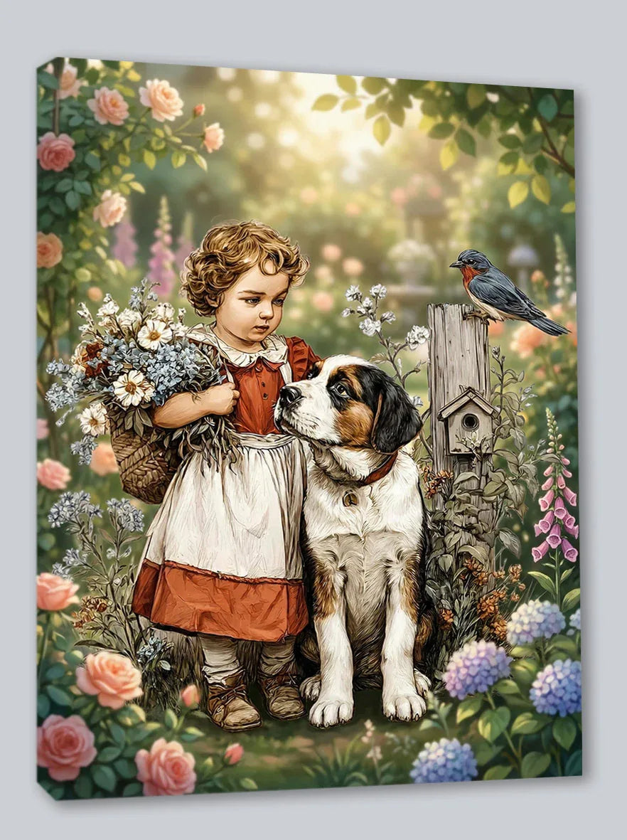 Wandbild Vintage Mädchen 5 mit Hund und Blumen Kunstdruck auf Leinwand | Wandbild Galerie