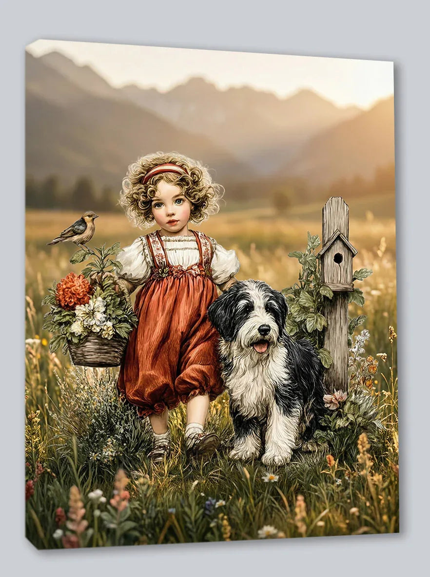 Wandbild Vintage Mädchen 4 mit Hund und Blumen Kunstdruck auf Leinwand | Wandbild Galerie